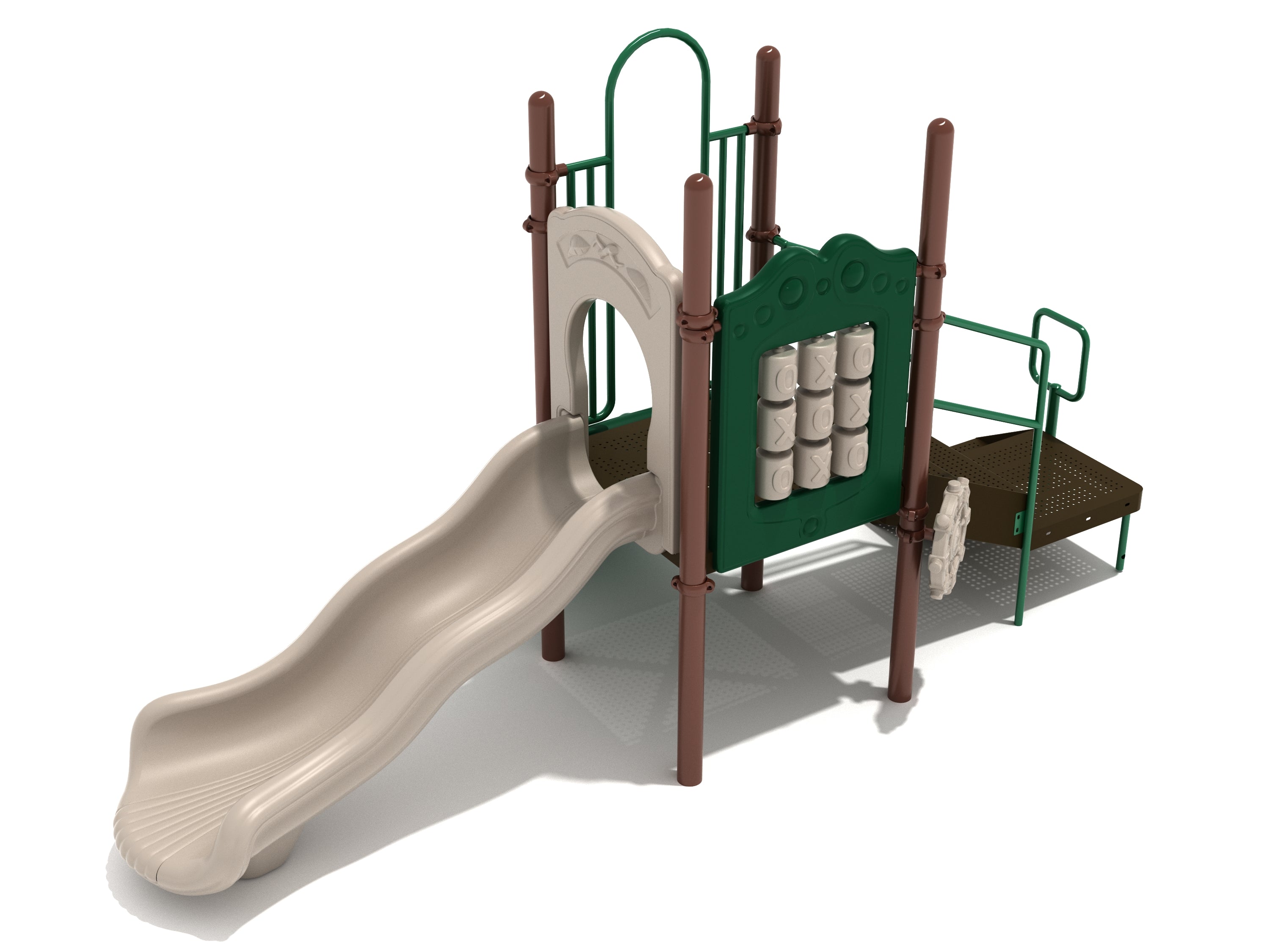 Compact green and brown playground with wavy slide, tic-tac-toe panel, ship's wheel, and climbing platform