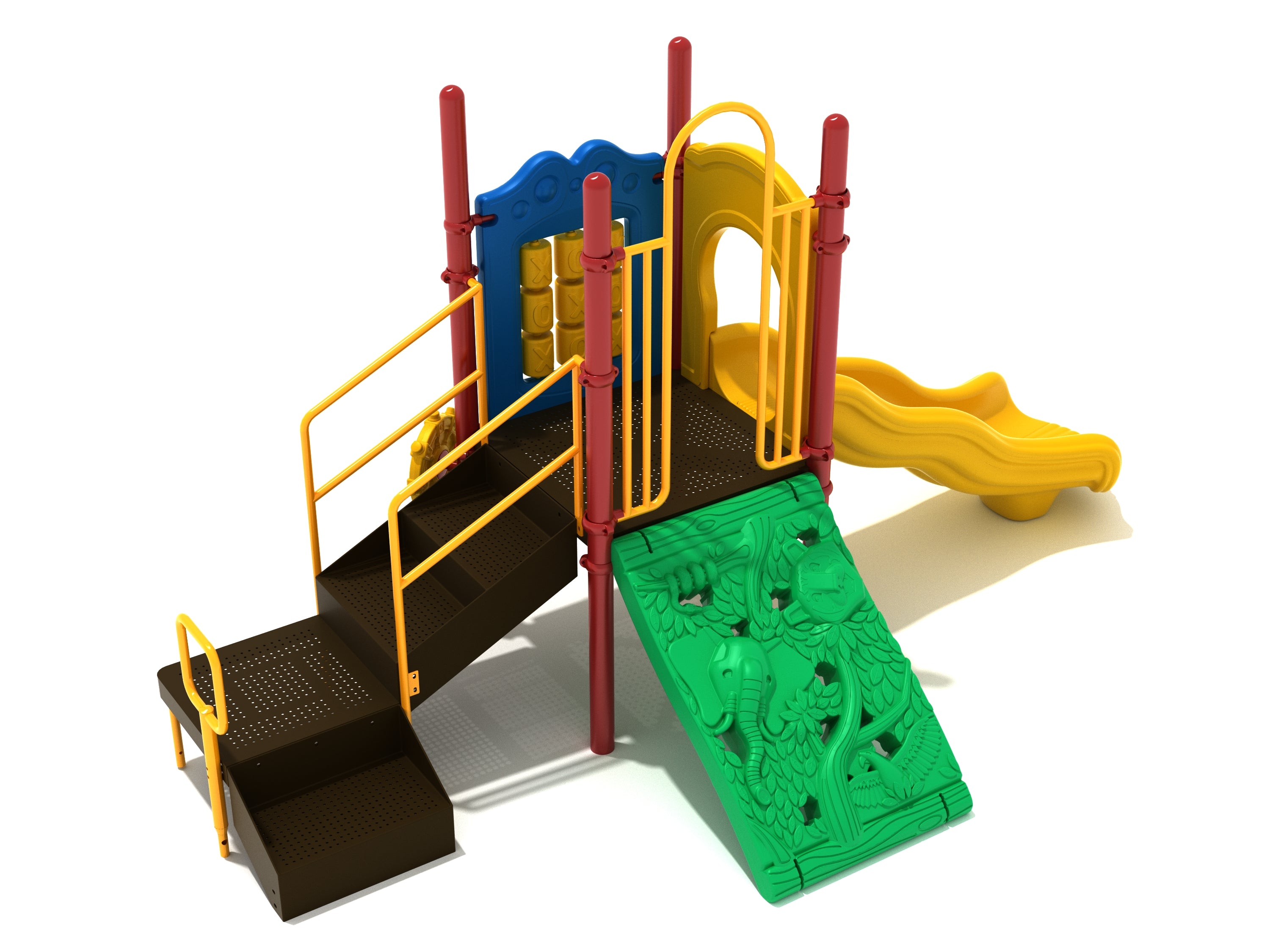 Patriot's Point Playground with yellow wavy slide, green jungle climber panel, tic-tac-toe game, red posts, yellow rails, and ship's wheel