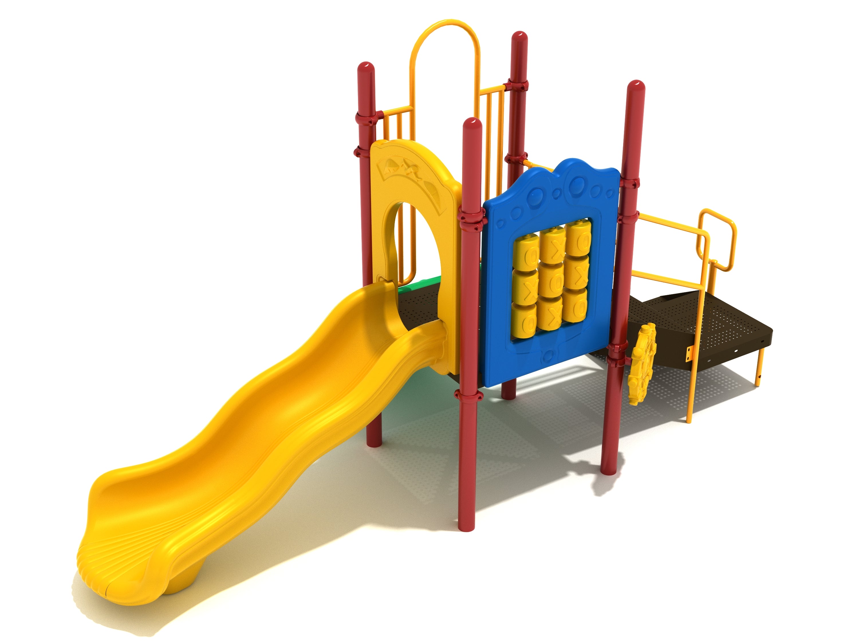 Commercial playground equipment in bold primary colors with yellow wavy slide, tic-tac-toe panel, and ship's wheel.