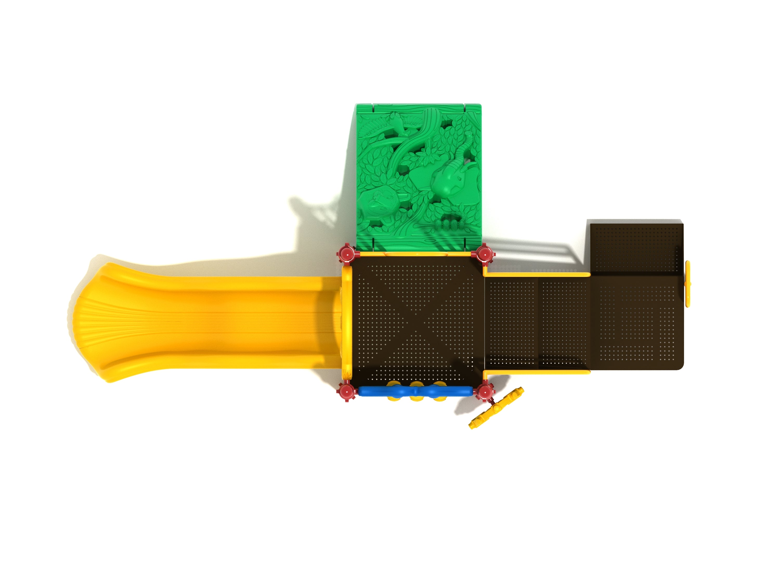 Overhead view of compact playground with yellow wavy slide, green jungle climber panel, tic-tac-toe game, and ship's wheel