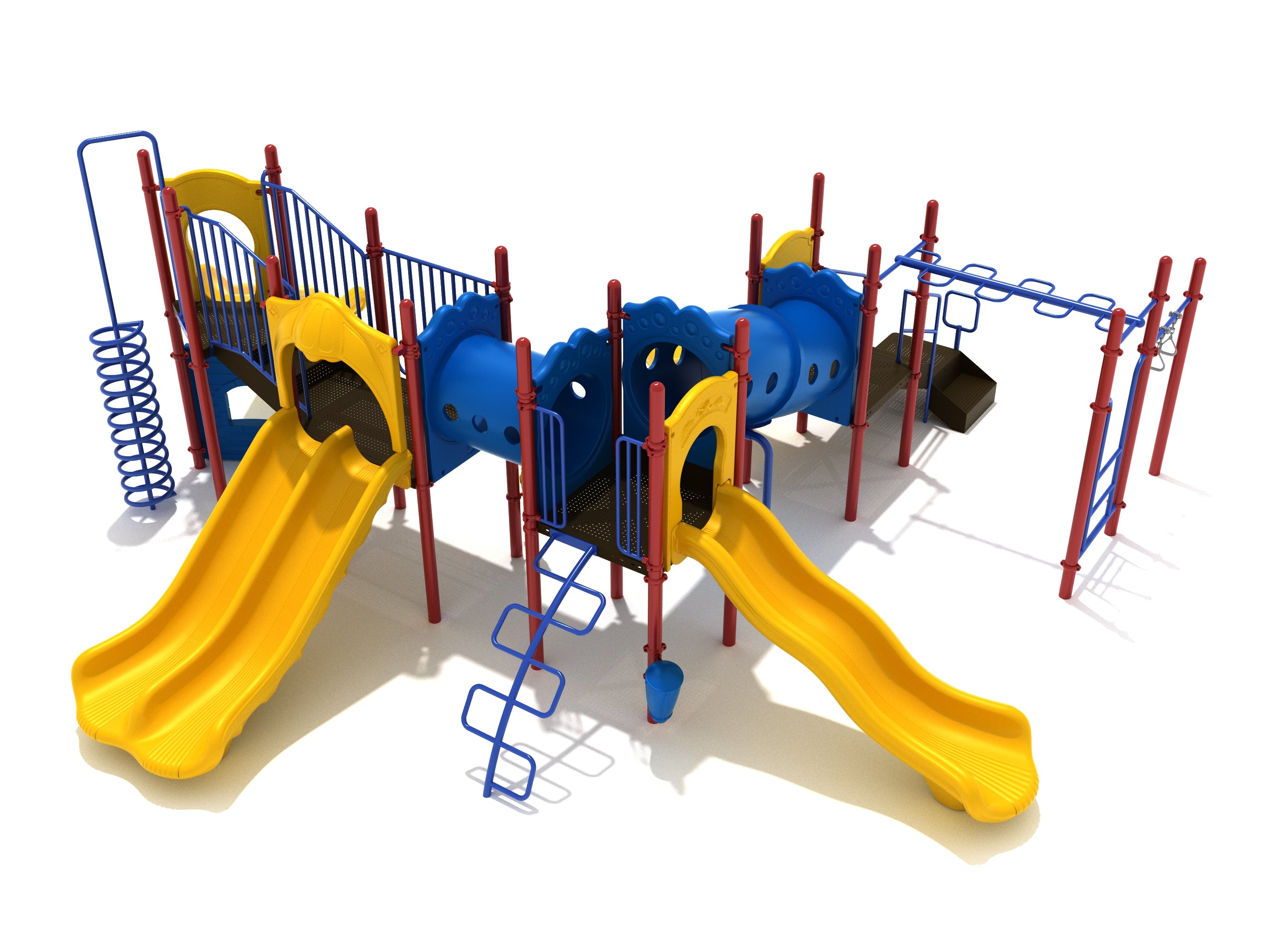 Grand Venetian Play System with yellow slides, blue tunnels, red posts, and various climbing structures on white background