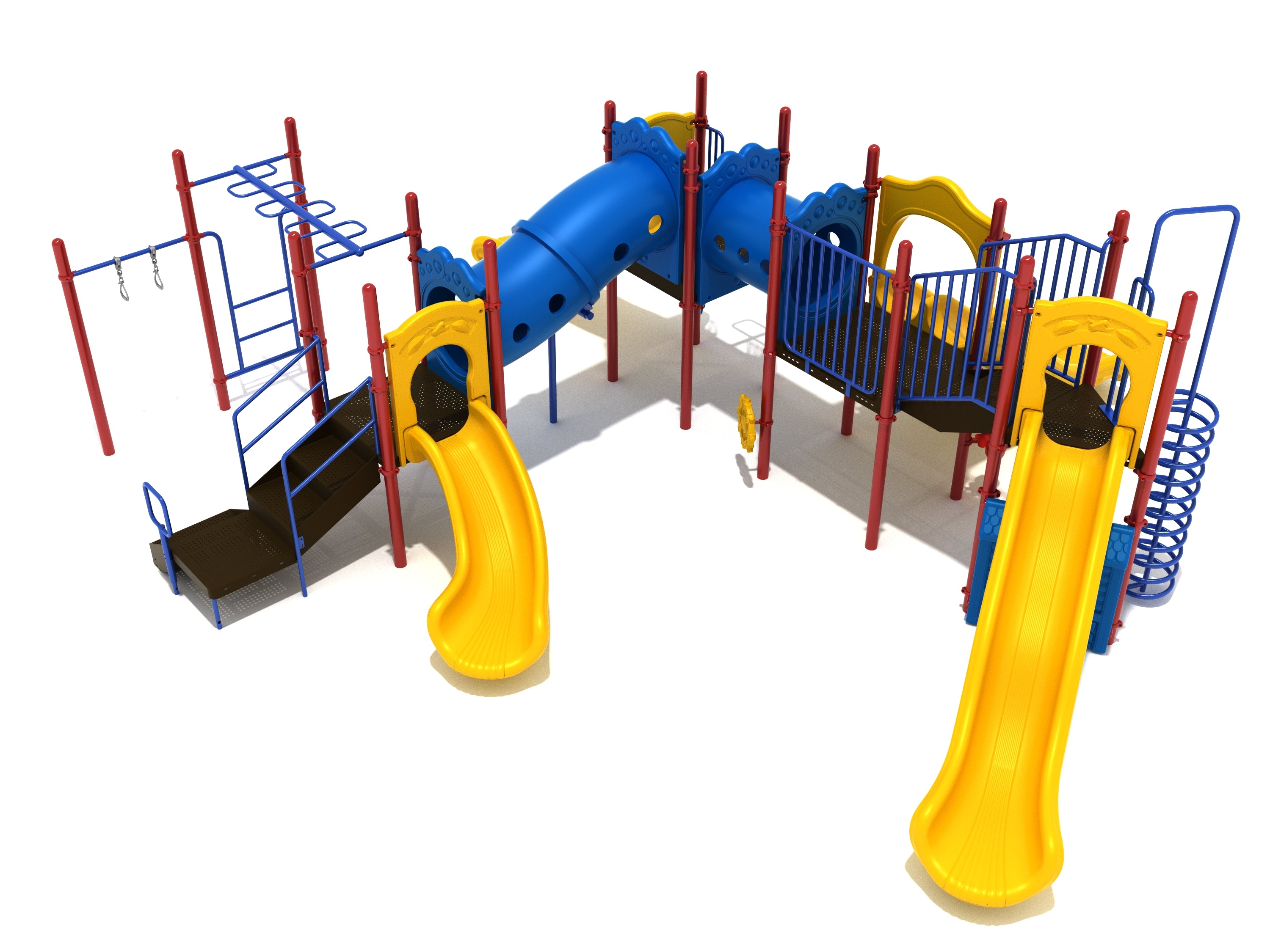 Commercial playground system in primary colors with twin yellow slides, blue tube tunnel, overhead ladder, spiral climber.
