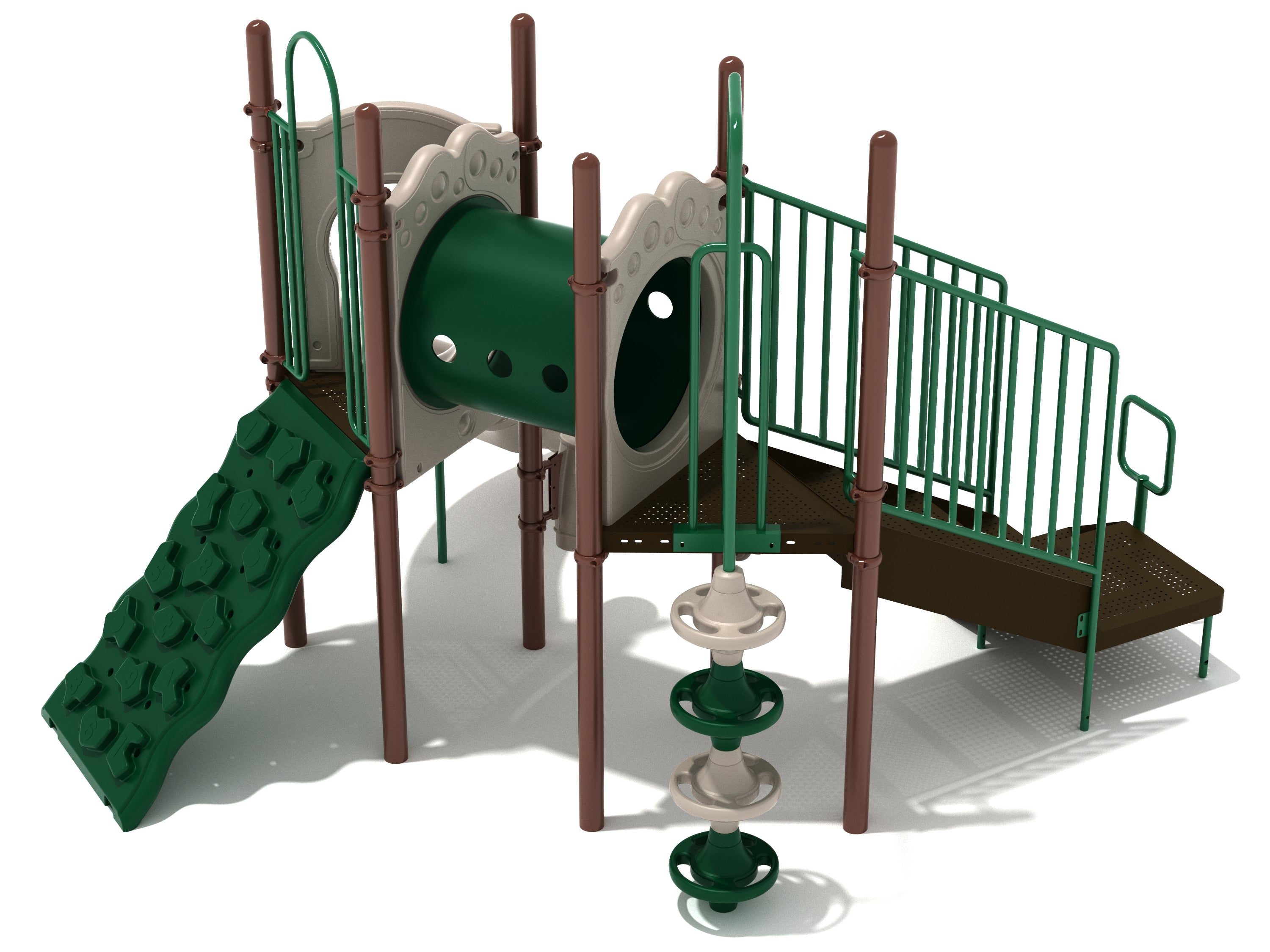 Compact playground structure with climbing wall, tunnel, ramp with railings, and vertical spinner in green, brown, and beige colors