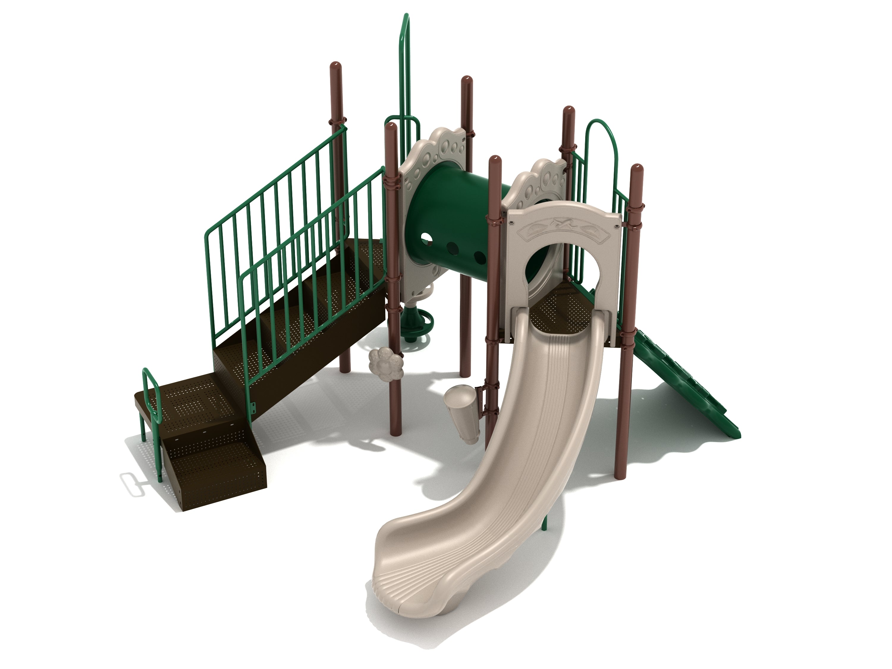 Neutral-toned inclusive playground with slide, tube tunnel, stairs, climbing ramp, musical drum, and interactive rain wheel
