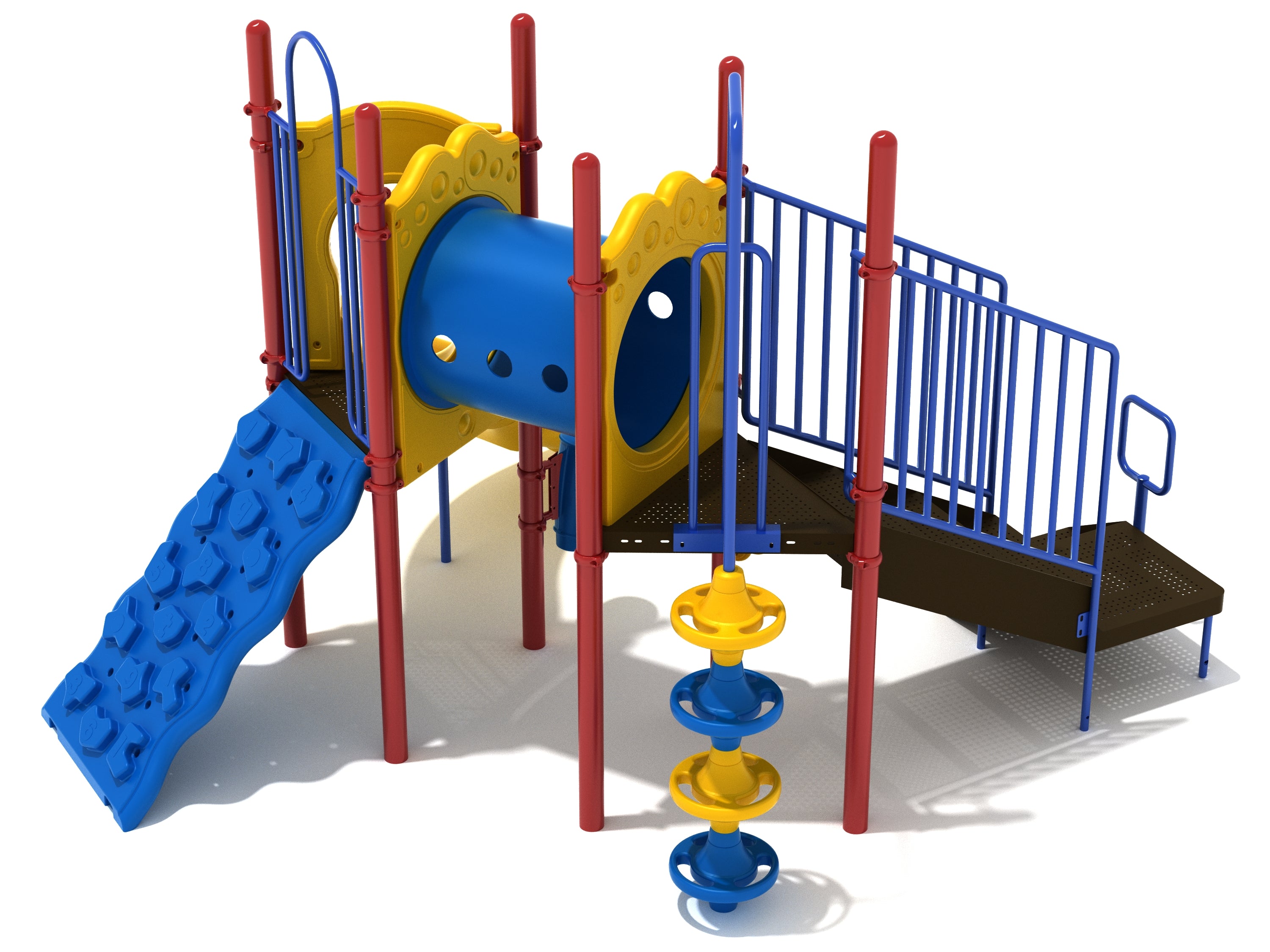 Colorful commercial playground with climbing wall, tunnel, spiral rings, ramp, and interactive play features in blue, yellow, and red.