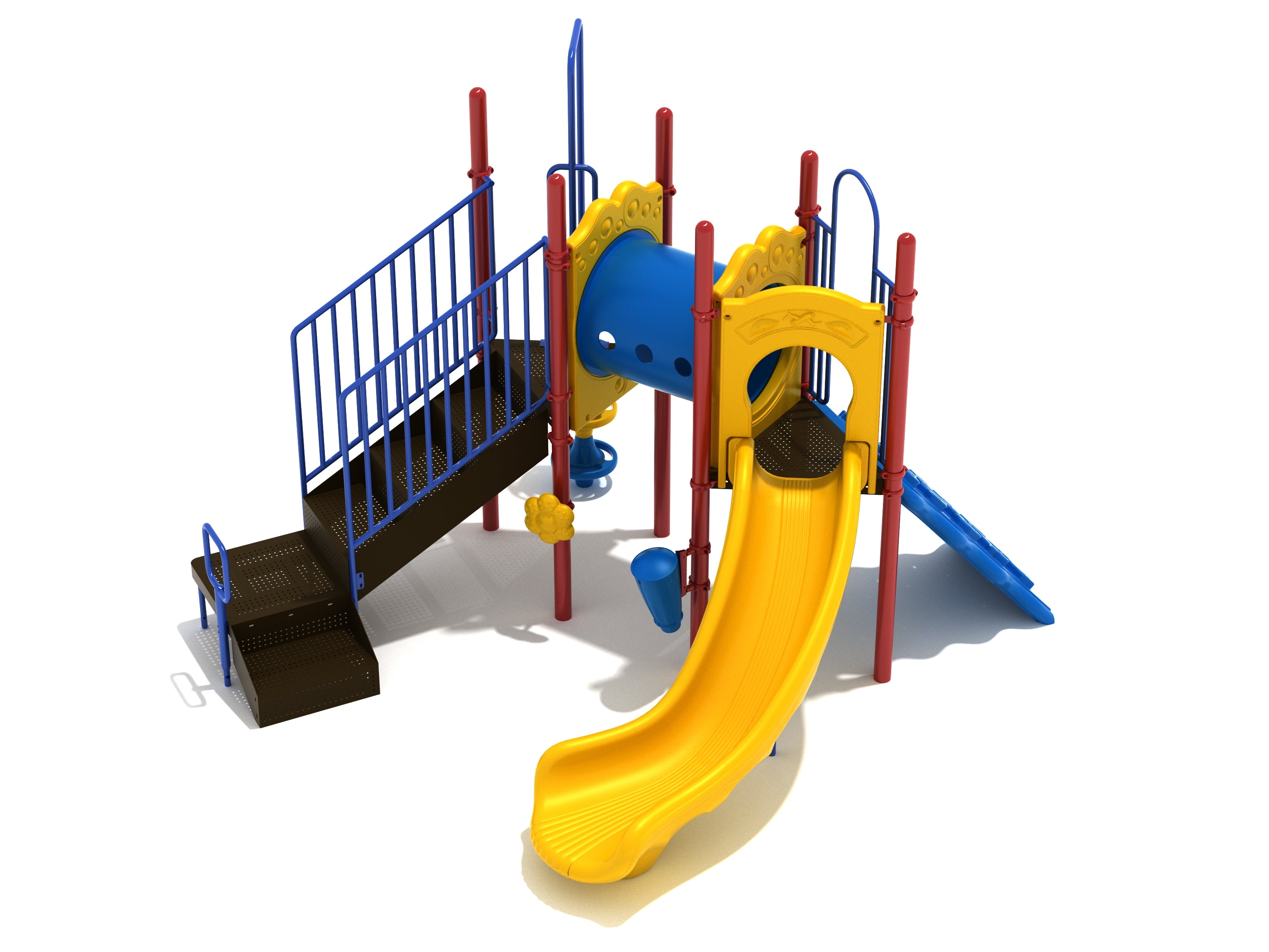 Worthy Courage Playground with yellow slide, blue tube bridge, red posts, black stairs, and interactive play features in primary colors