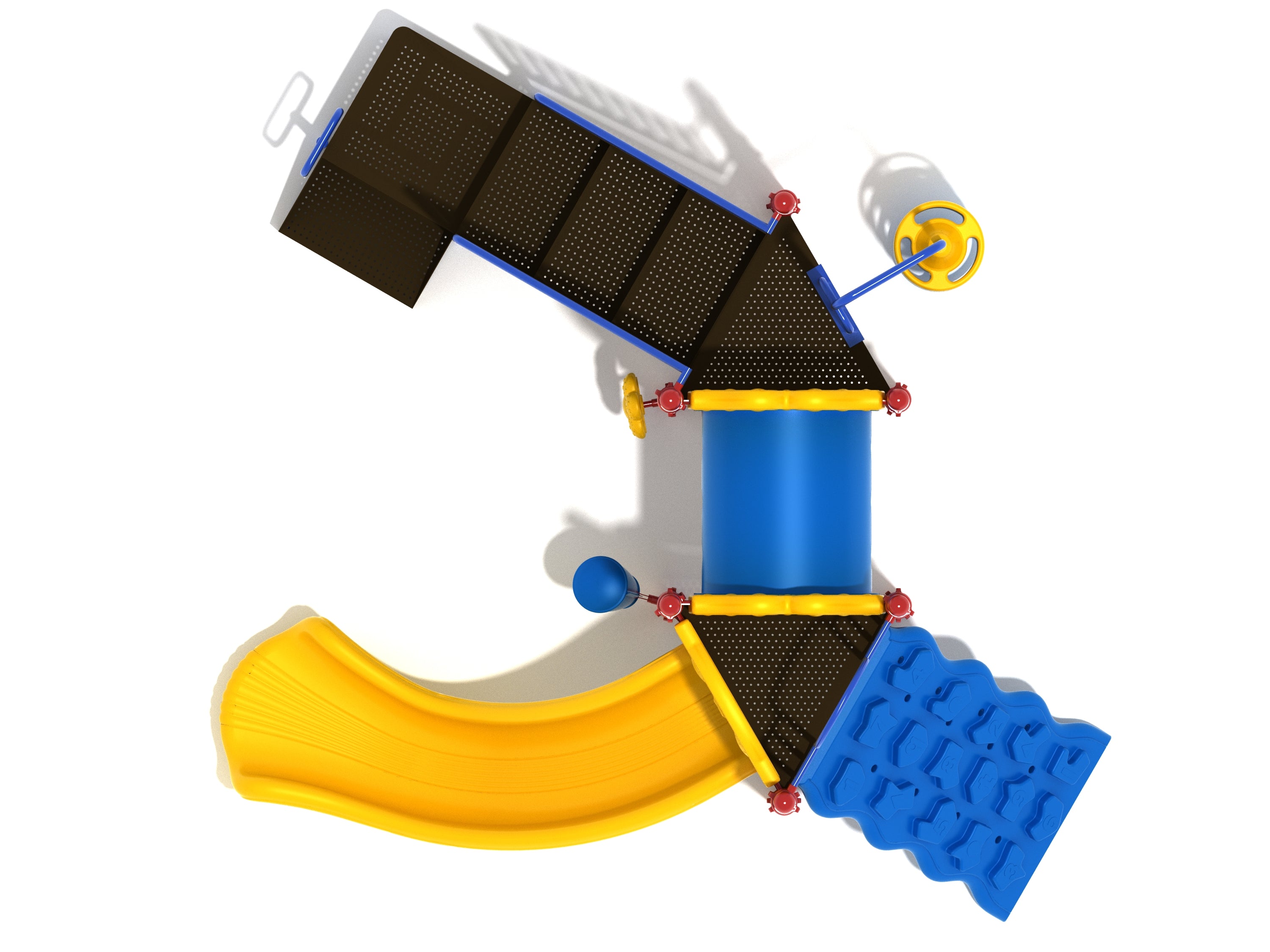 Overhead view of colorful playground with yellow curved slide, blue climbing wall, tube bridge, and interactive play panels