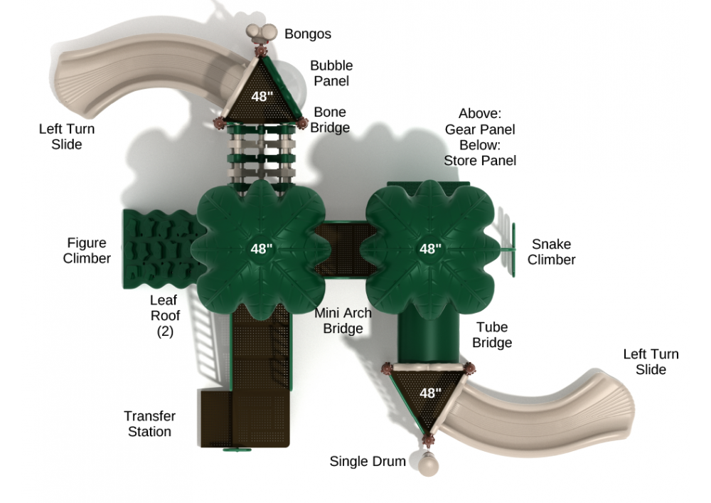 Overhead view of a large playground with leaf-shaped roofs, climbers, bridges, musical panels, and two left turn slides.