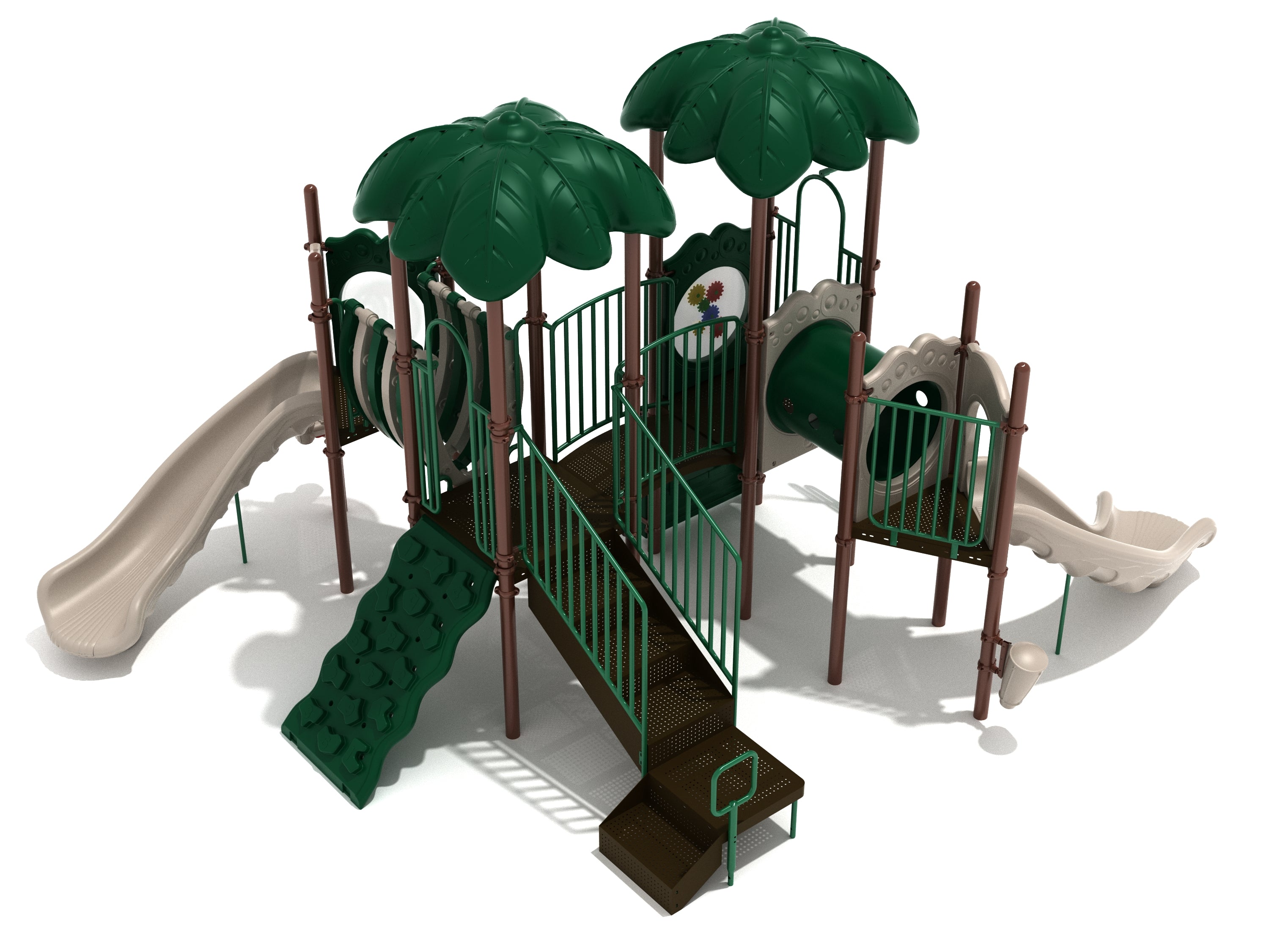 Neutral-toned playground with green leaf-shaped roofs, climbing wall, ramps, tunnels, slides, and musical panels