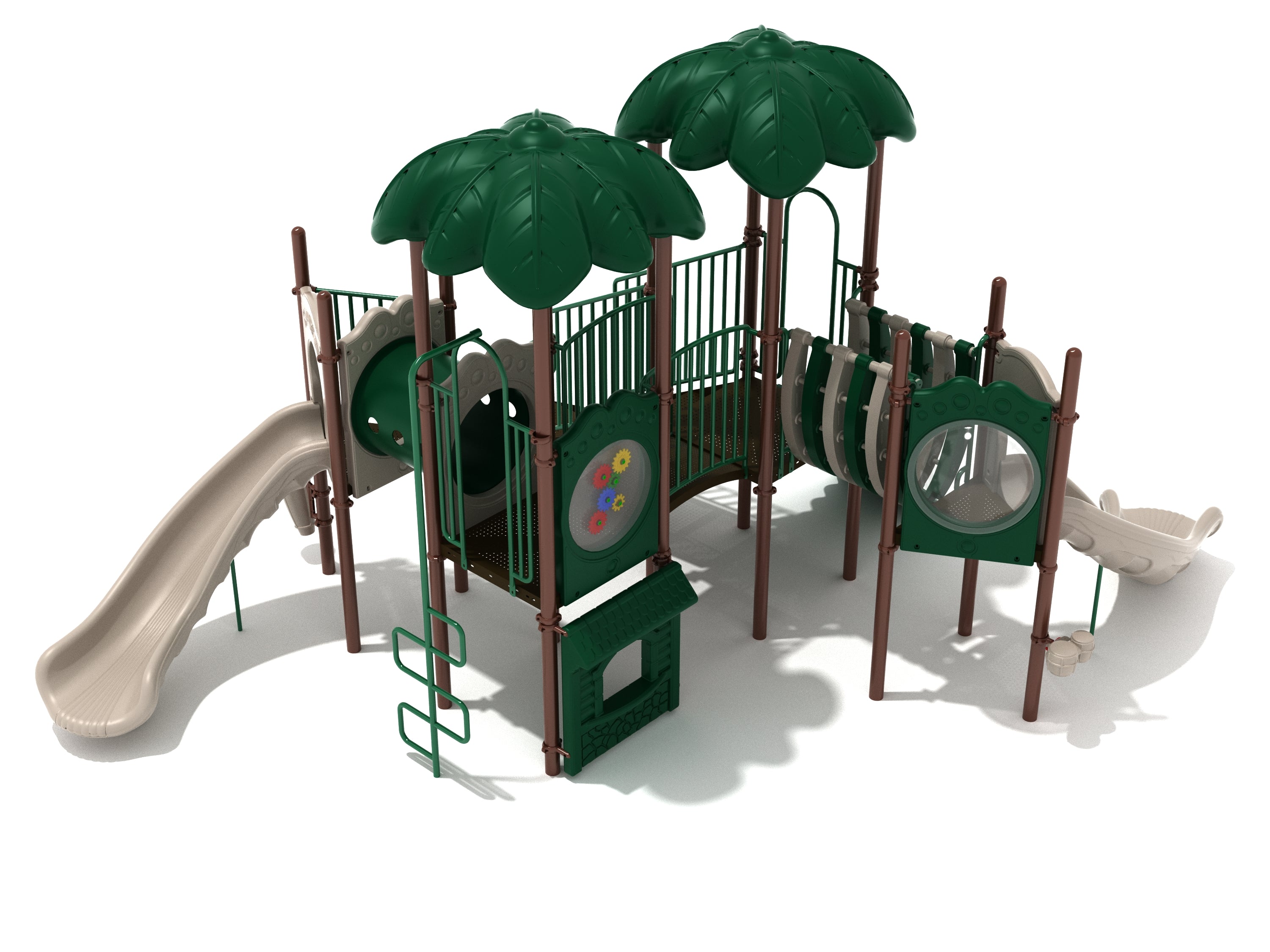 Elevated playground structure with green leaf-shaped roofs, beige slides, climbing ladder, gear panel, tunnel connector, and interactive musical elements
