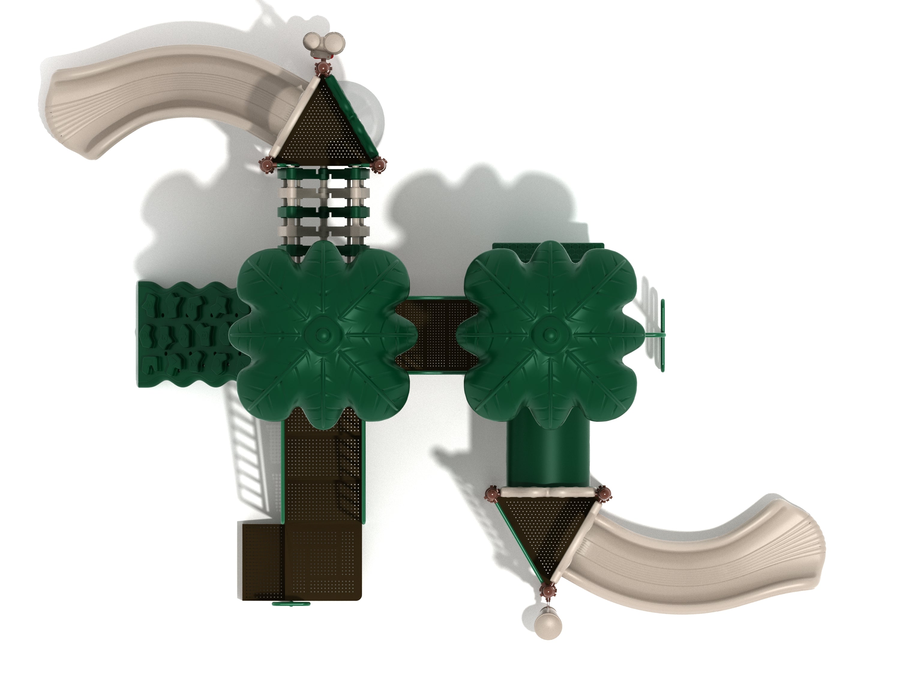 Overhead view of large playground with green leaf-shaped roofs, beige slides, climbing elements, bridges, and interactive panels
