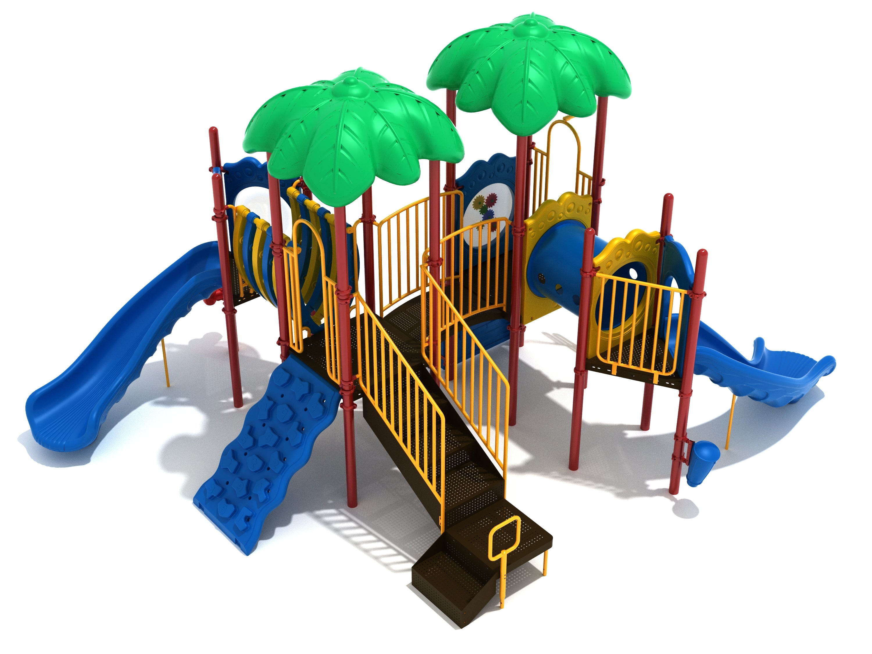 King's Ridge Playground with green leaf roofs, blue slides, climbing wall, ramps, and interactive panels in bright primary colors
