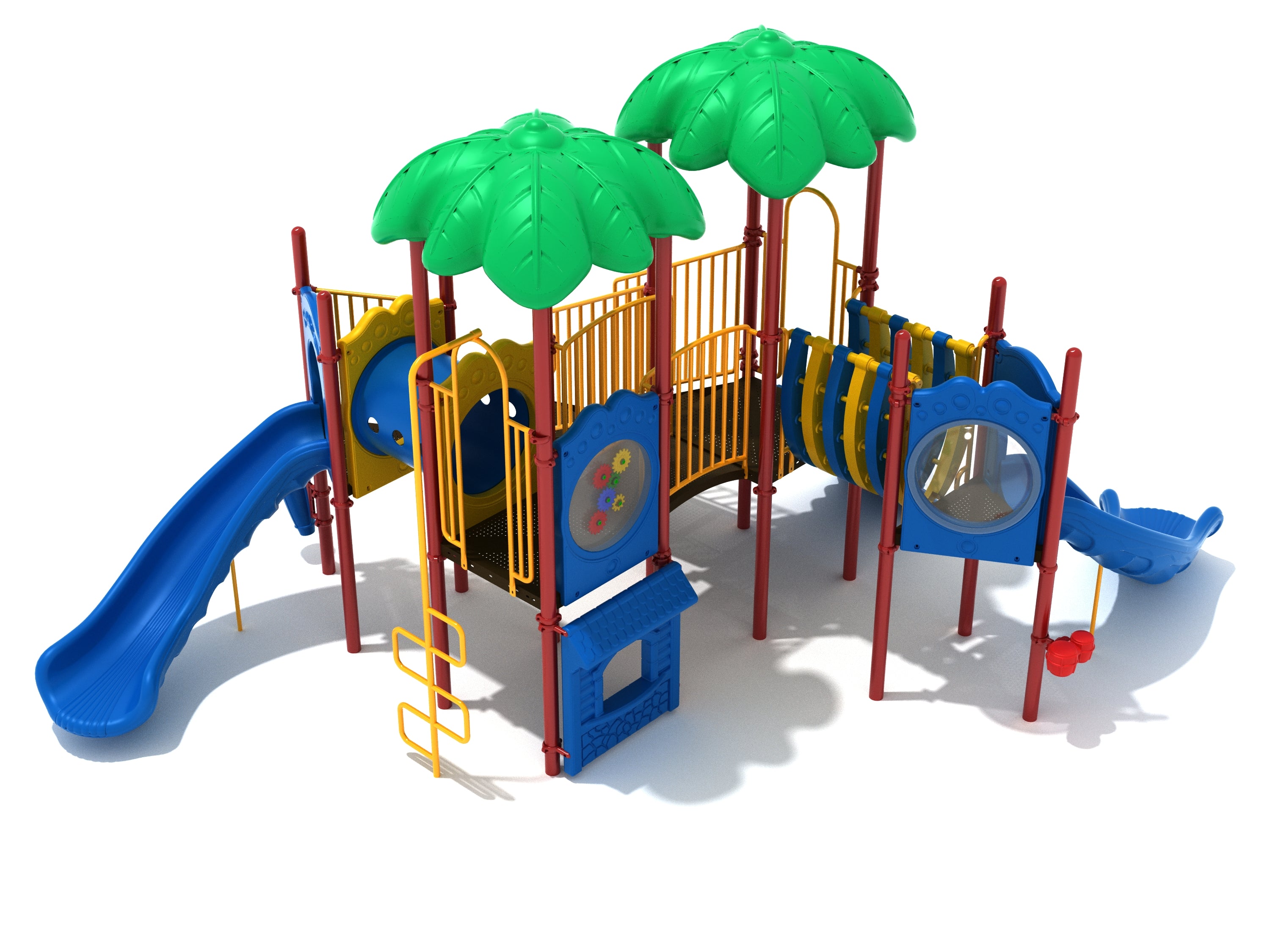 Colorful playground with green leaf-shaped roofs, blue slides, yellow railings, interactive panels, and musical instruments.