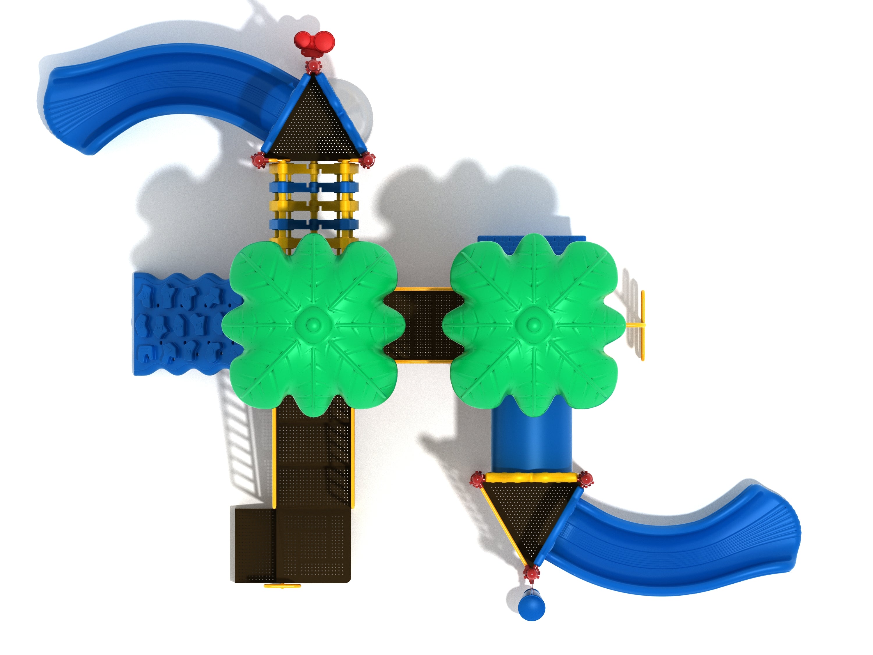 Overhead view of colorful playground with green leaf roofs, blue slides, climbing wall, bridges, and interactive play panels