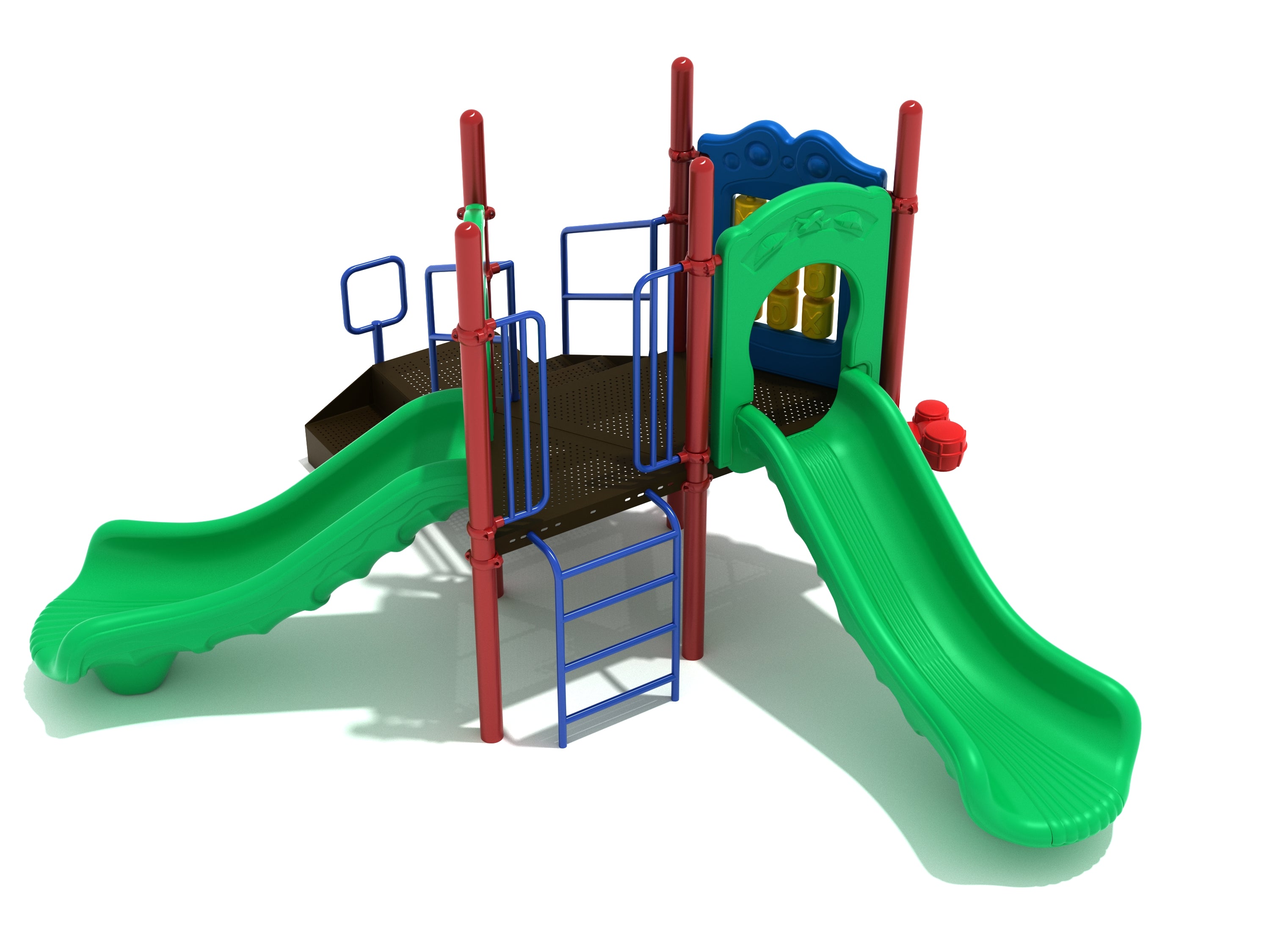 Compact commercial playground with two green slides, tic-tac-toe panel, blue vertical ladder, ADA transfer step, red bongos