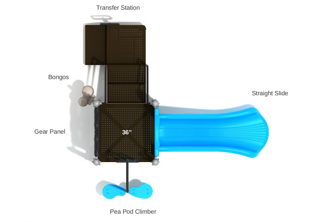 Overhead view of compact playground with blue straight slide, pea pod climber, gear panel, bongos, and transfer station
