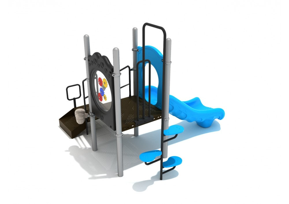 Compact playground with blue slide, pea pod climber, gear panel, and musical bongos for inclusive, engaging play