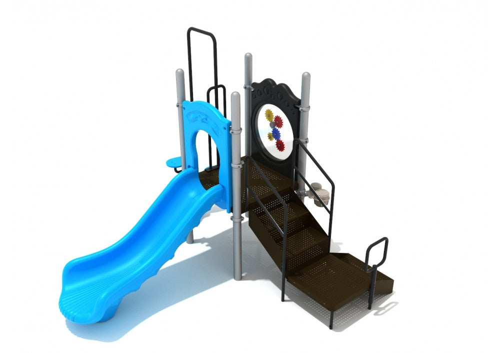 Compact playground structure with blue slide, black stairs, colorful interactive gear panel, and pea pod climber for diverse play.