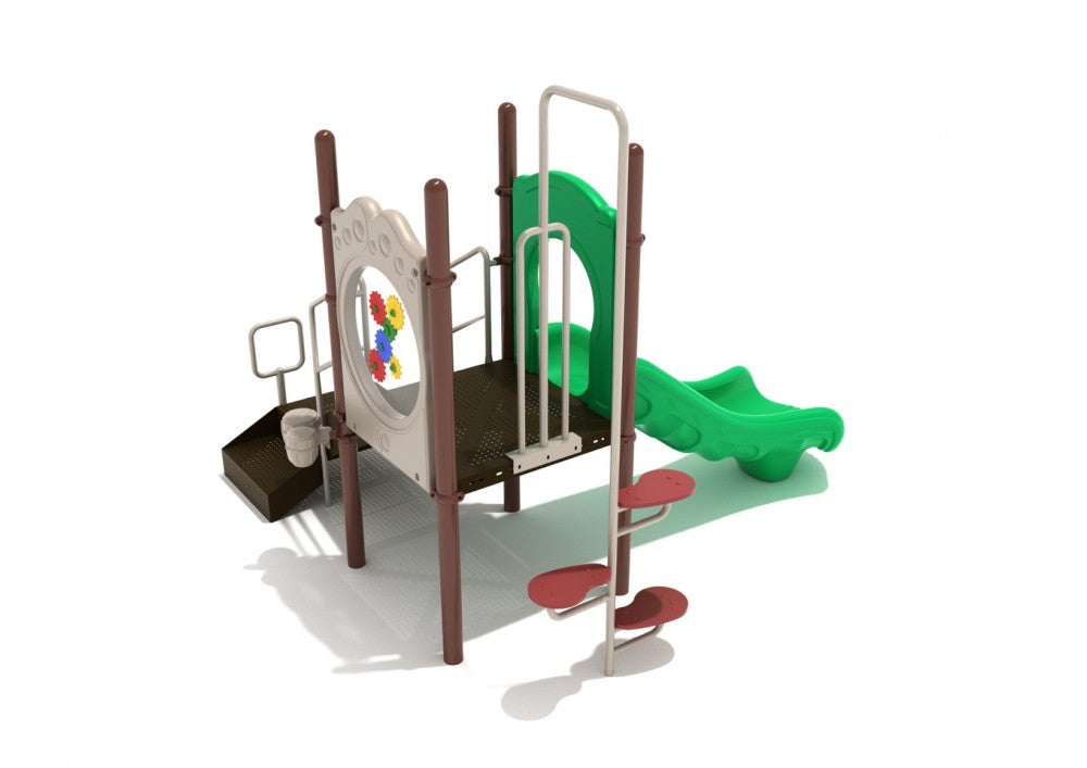 Compact playground structure with green slide, brown platform, red-step climbing pole, and colorful interactive gear panel.