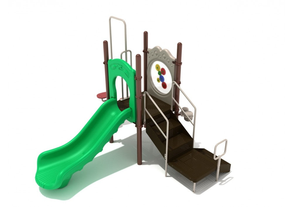 Compact playground structure with green slide, stairs with handrails, colorful gear panel, and ground-level bongos for inclusive play.