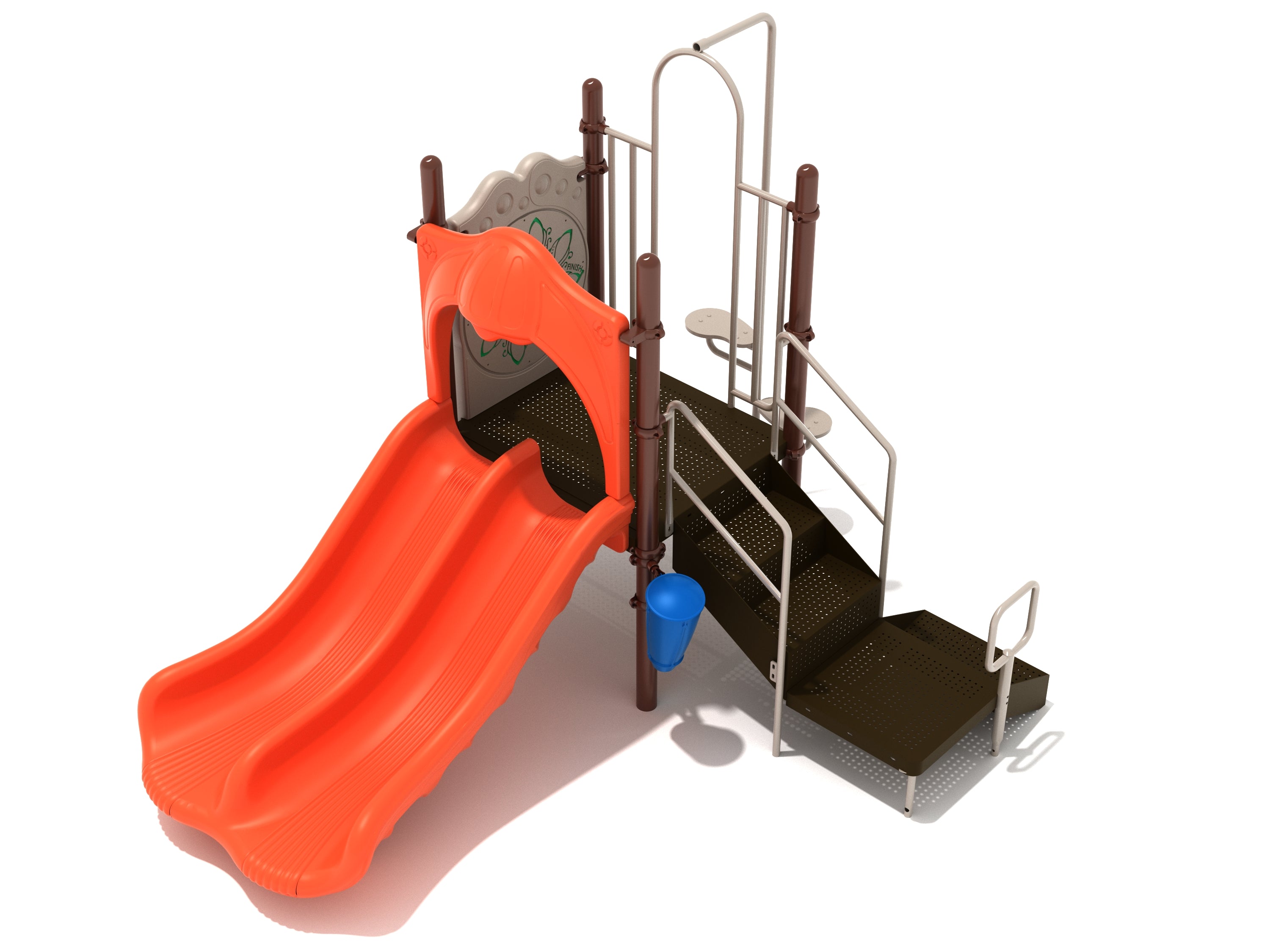 Compact playground structure with double orange slides, brown perforated platform, stairs, blue drum, and musical bongos.
