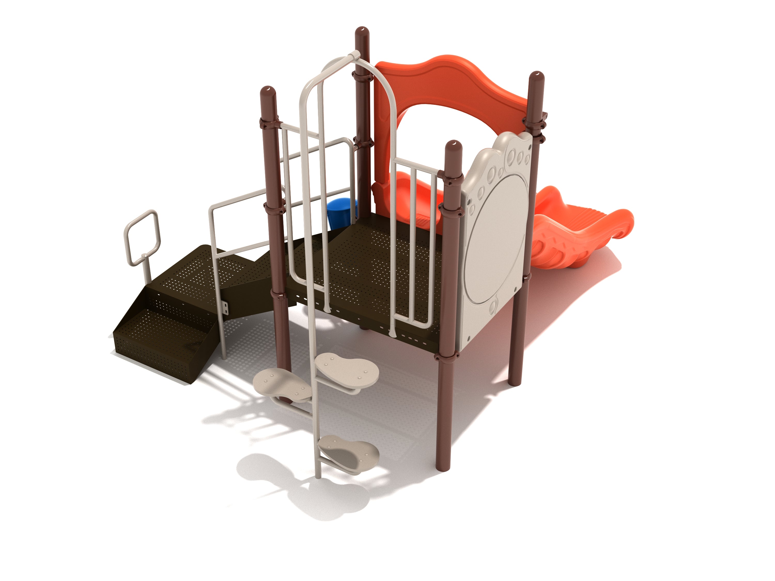 Compact playground structure with brown platform, beige climber steps, red double slide, safety railings, and musical play elements.