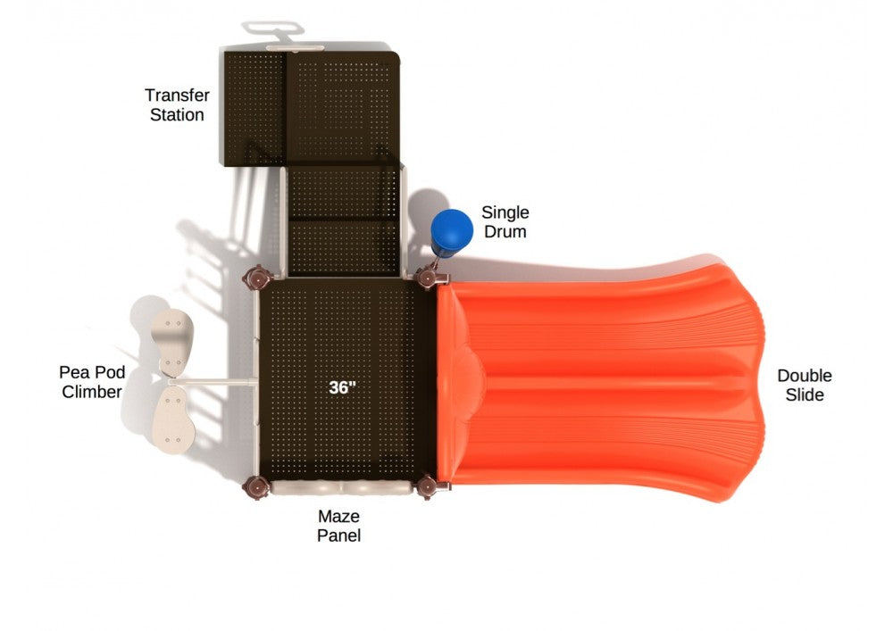 Overhead view of compact playground with double slide, pea pod climber, maze panel, transfer station, and ground-level musical drums