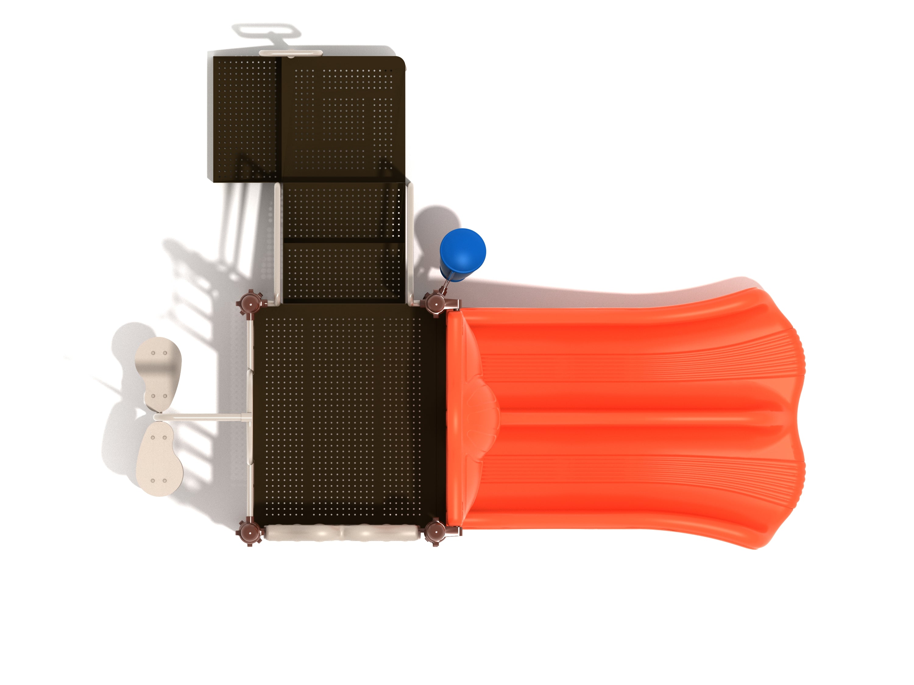 Overhead view of compact playground with brown platforms, blue drum, double orange slide, and musical play elements