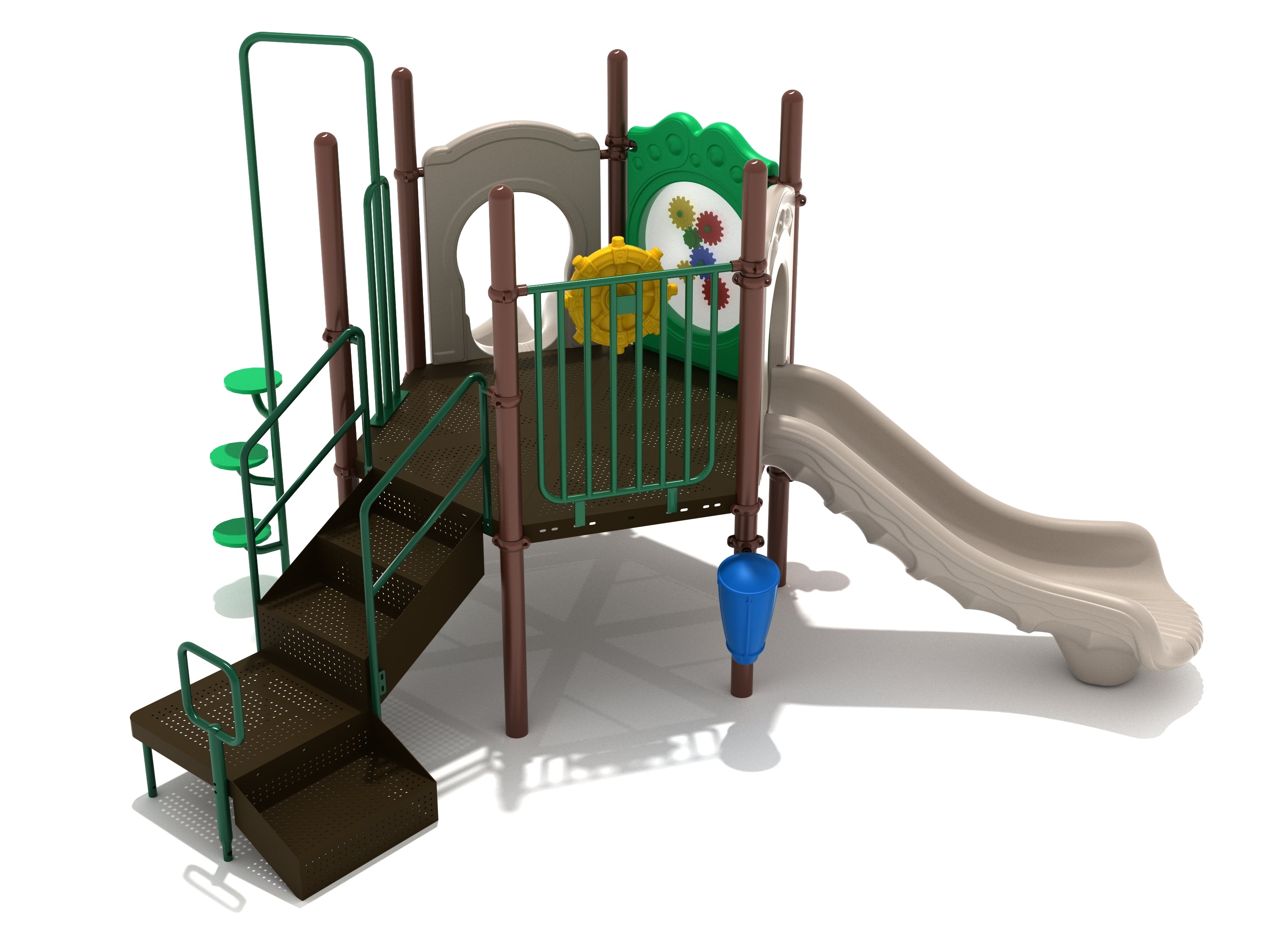 Playground structure with hexagonal deck, stairs, slides, gear panel, ship's wheel, disc climber, and musical drums in green, brown, beige, and blue colors