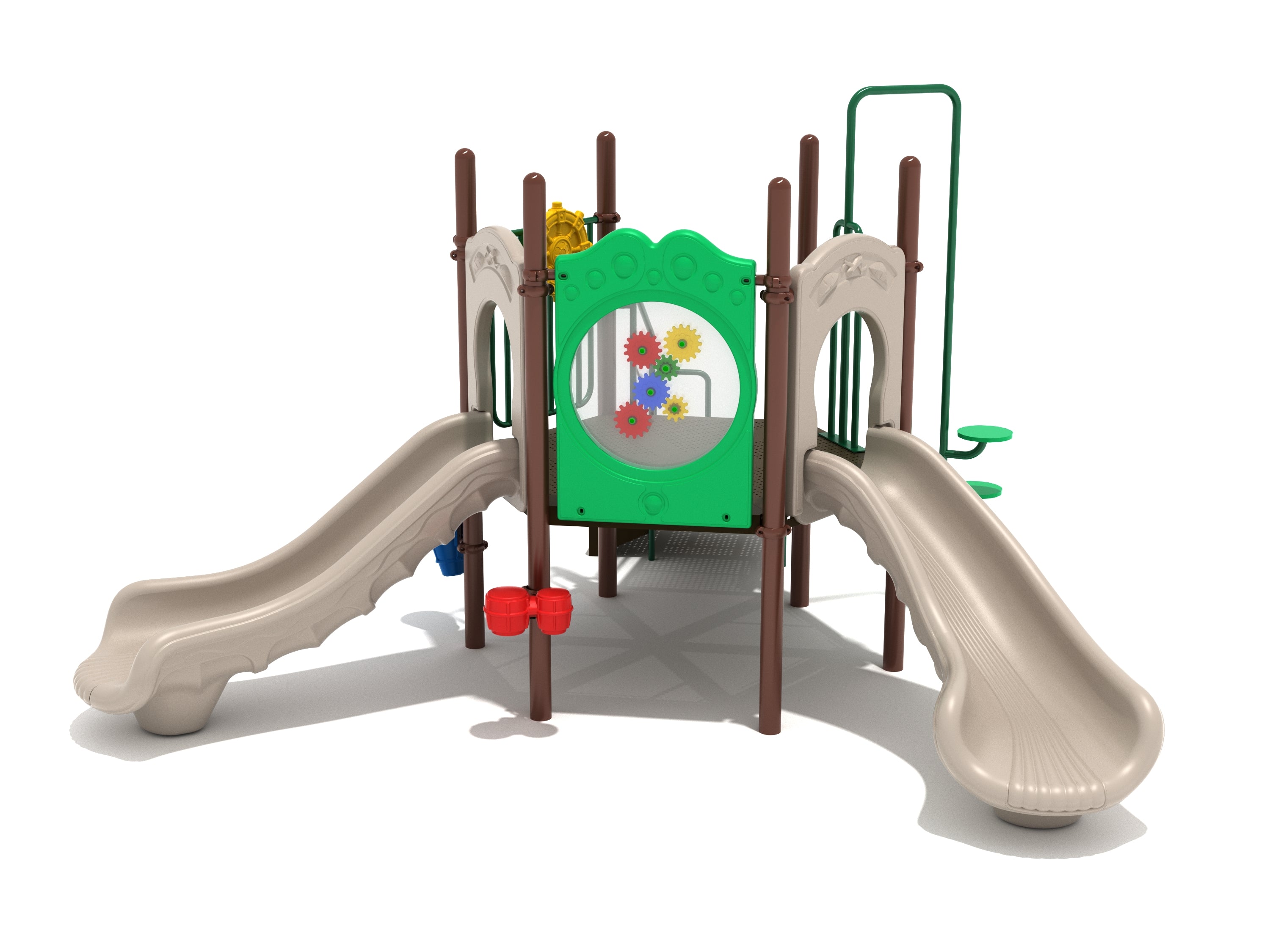 Compact playground with hexagonal deck, two beige slides, gear panel, ship's wheel, climbing disc, and musical drums.