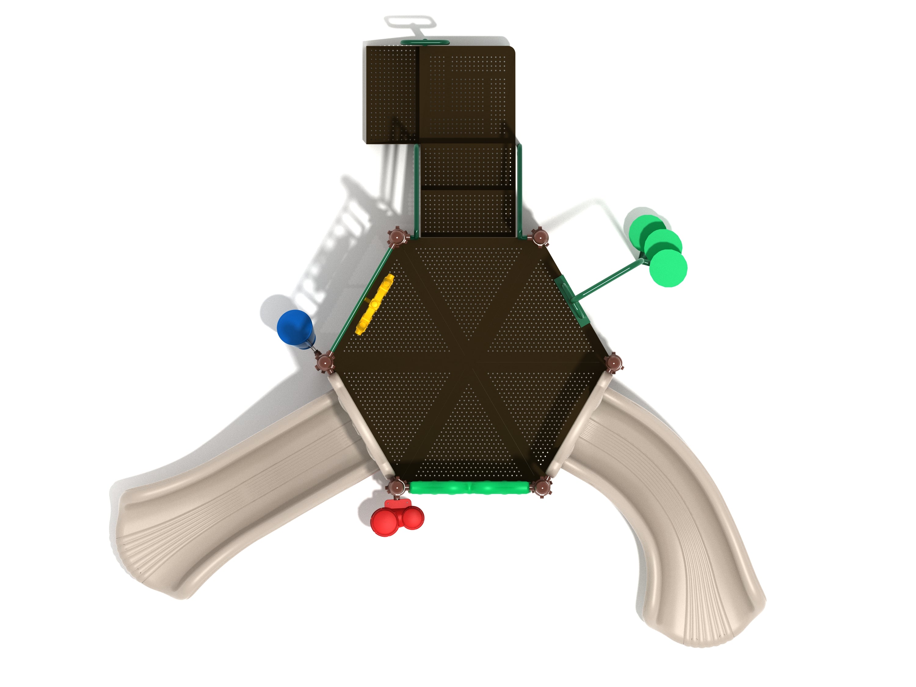 Overhead view of hexagonal playground with two beige slides, colorful climbing elements, gear panel, ship’s wheel, and musical drums