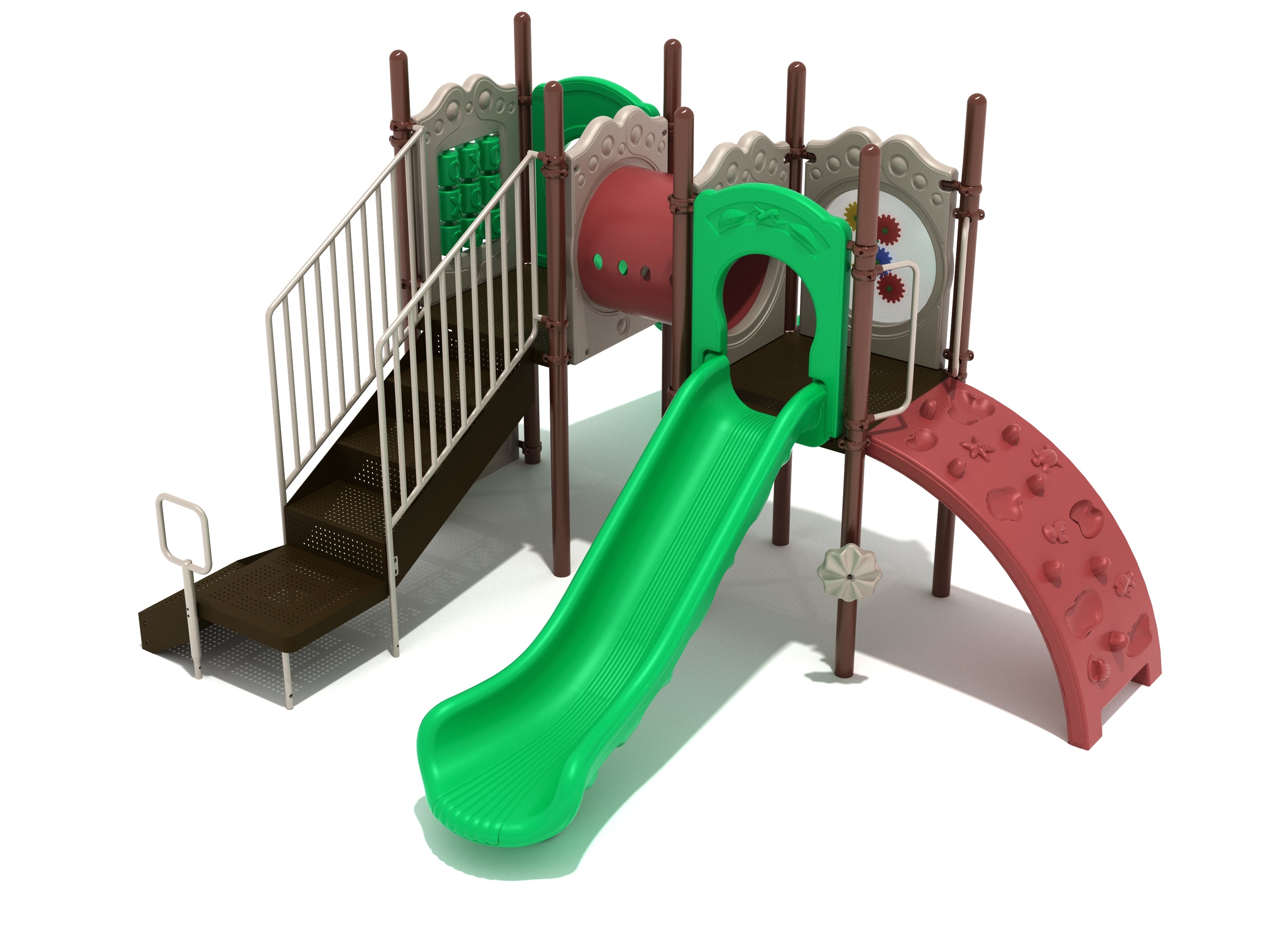 Playground structure with green slide, climbing wall, stairs, tube tunnel, and interactive gear and tic-tac-toe panels.