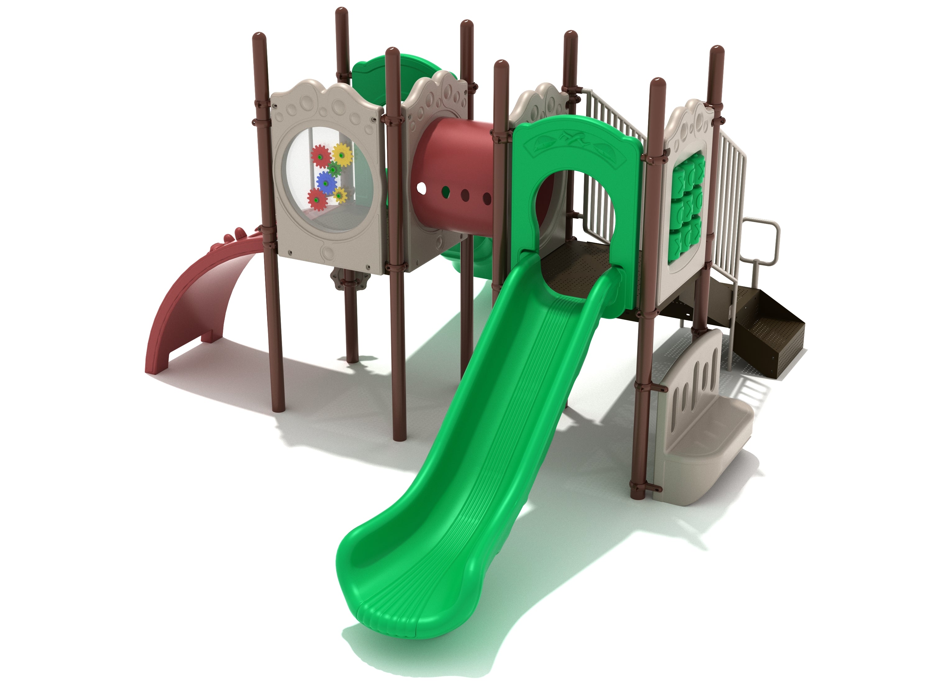 Playground structure with two green straight slides, red tube bridge, gear panel, and tic-tac-toe panel