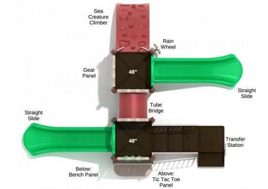 Overhead view of playground with two green straight slides, central tube bridge, gear panel, and tic-tac-toe panel
