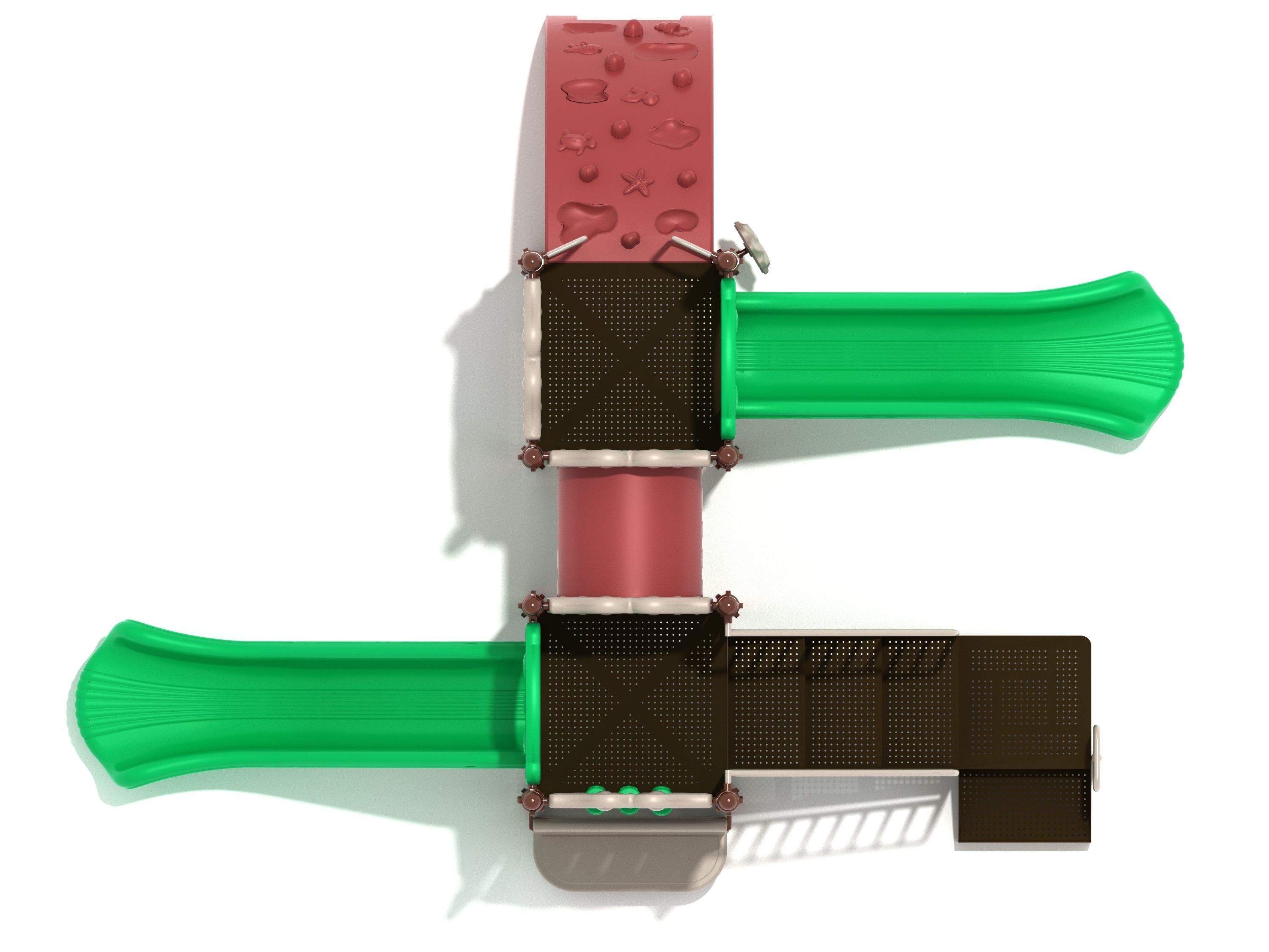 Overhead view of playground with two green slides, red climbing wall, brown platforms, tube bridge, and activity panels