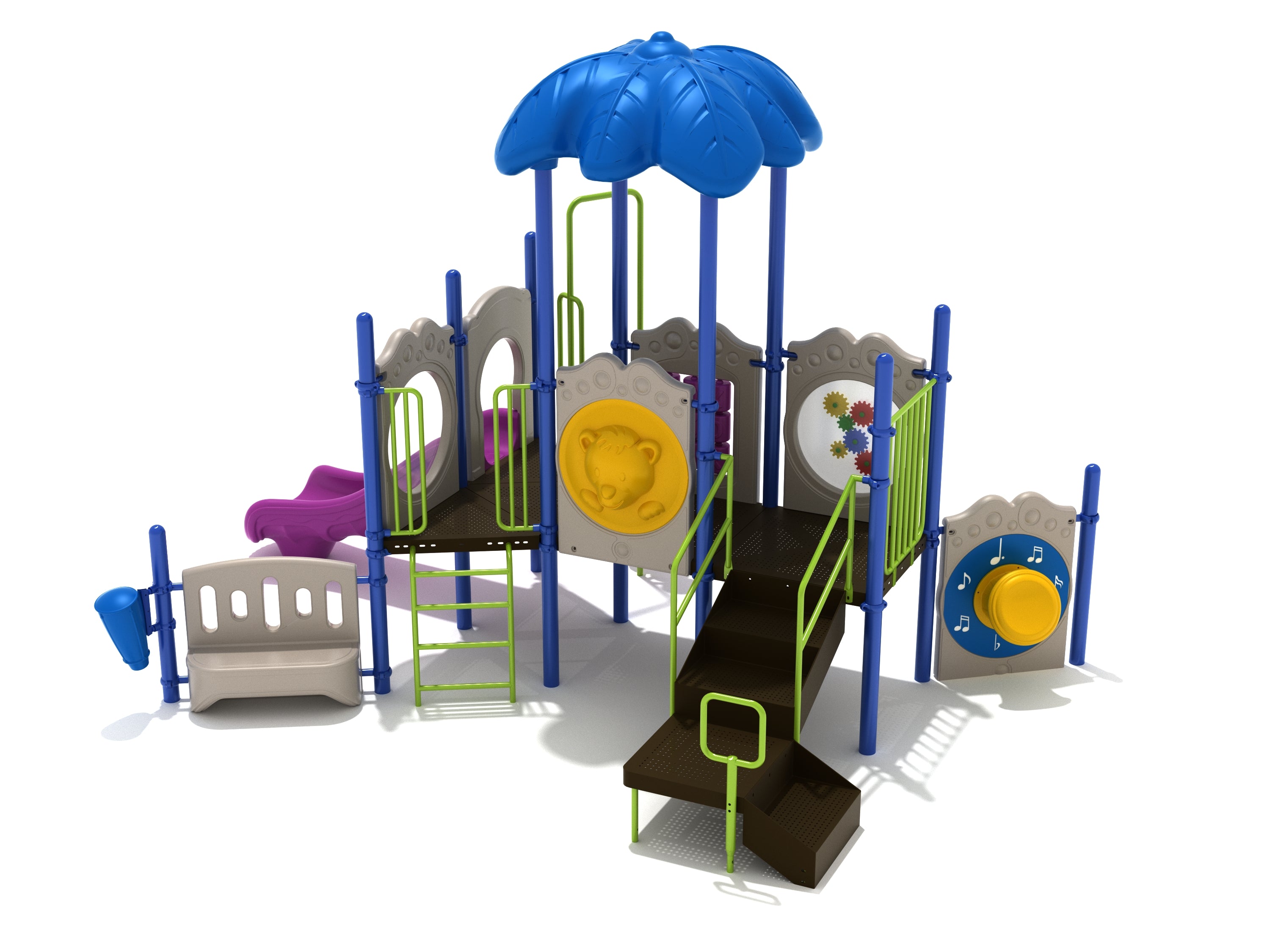Santa Clara Playground with blue leaf roof, 3D bear panel, purple slide, drum and gear activity panels, and beige bench