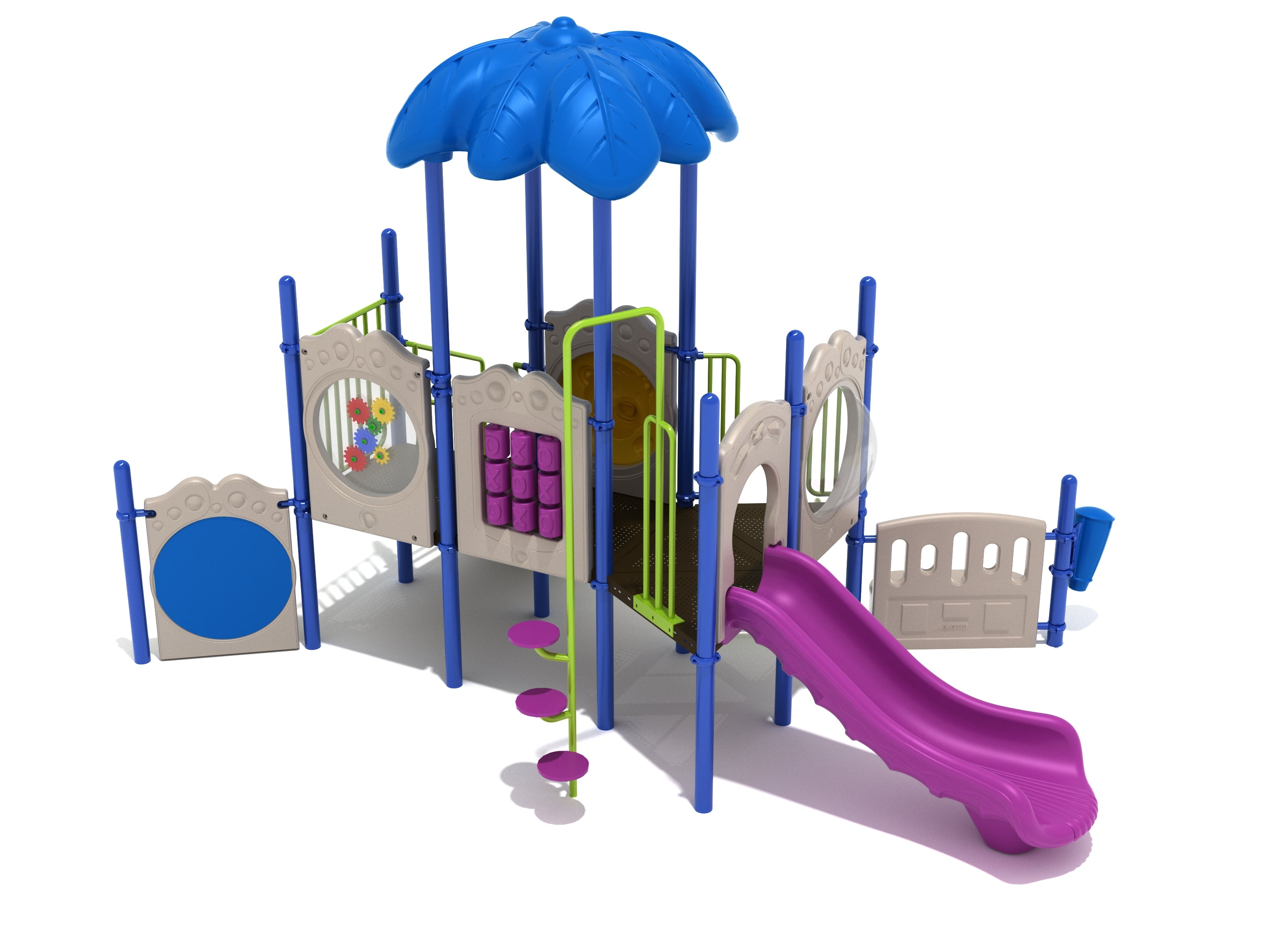 Colorful playground structure with blue leaf-shaped roof, purple slide, climbing steps, and interactive panels including bear face, drum, tic-tac-toe, gears, and bubble window.