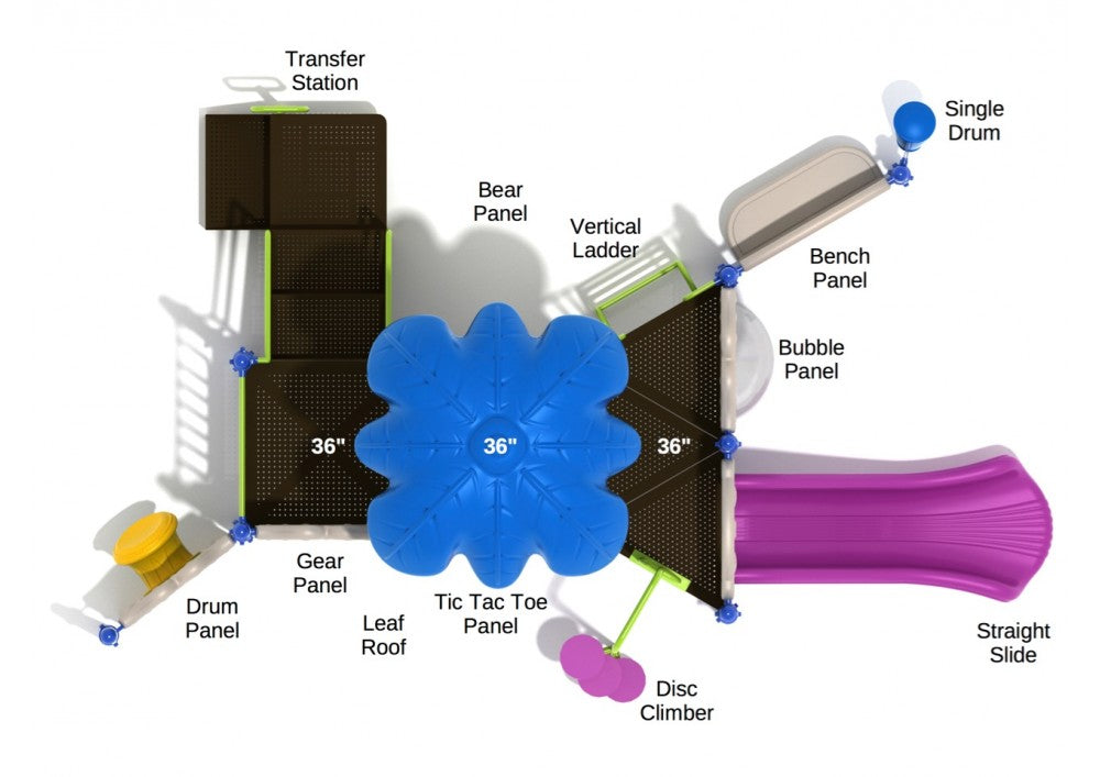 Overhead view of colorful playground with blue leaf-shaped roof, purple slide, bear, drum, gear, tic-tac-toe, bubble window, and bench panels