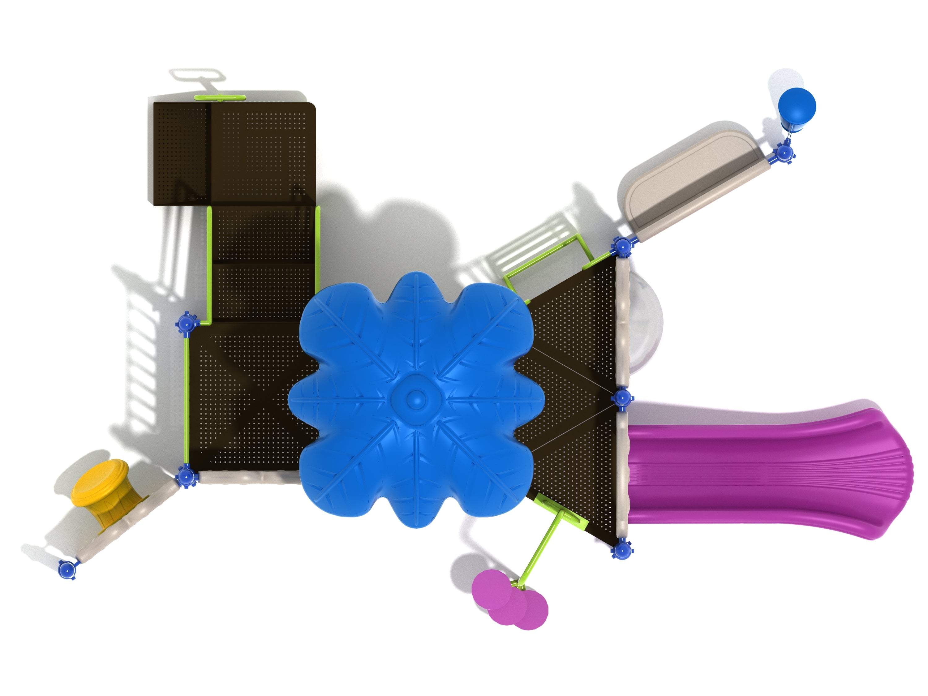 Overhead view of colorful playground with blue leaf-shaped roof, purple slide, interactive panels including bear face, drum, tic-tac-toe, gears, and bubble window.