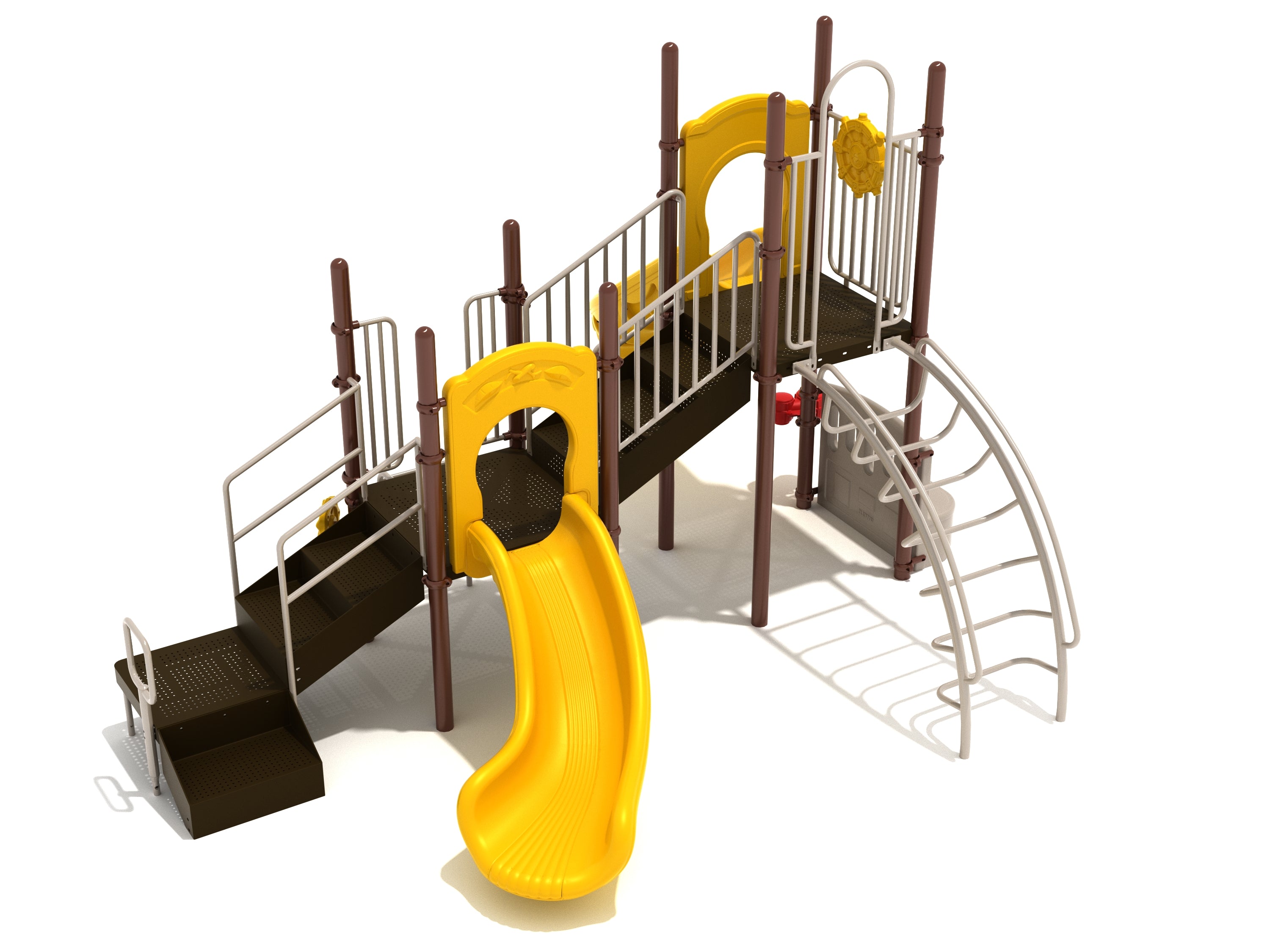 Playground structure with two yellow right-turn slides, brown platforms, metal railings, stairs, vertical and inverted arch ladders