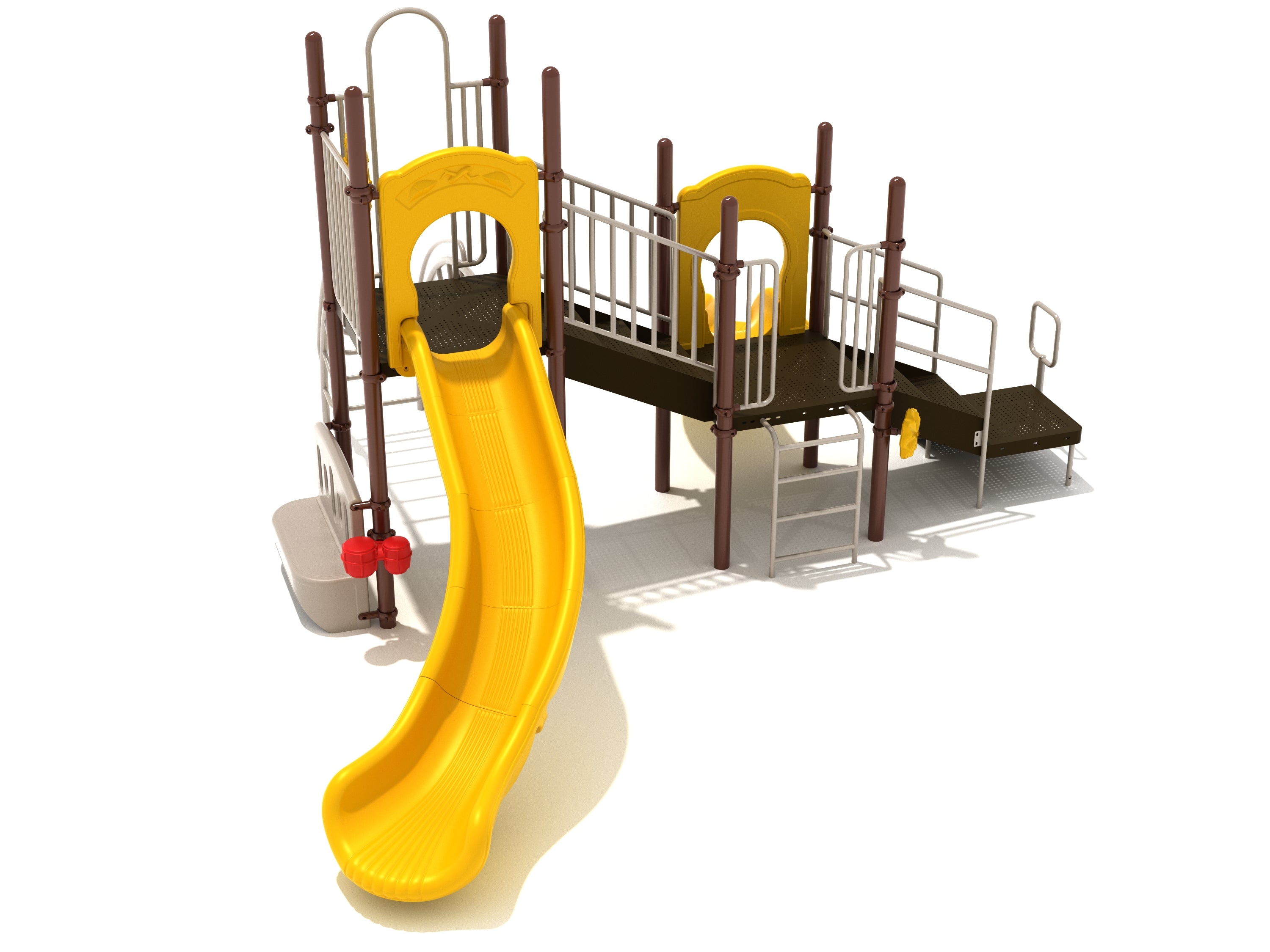 Missoula Playground with yellow right turn slide, brown platform, metal railings, vertical and inverted arch climbing ladders
