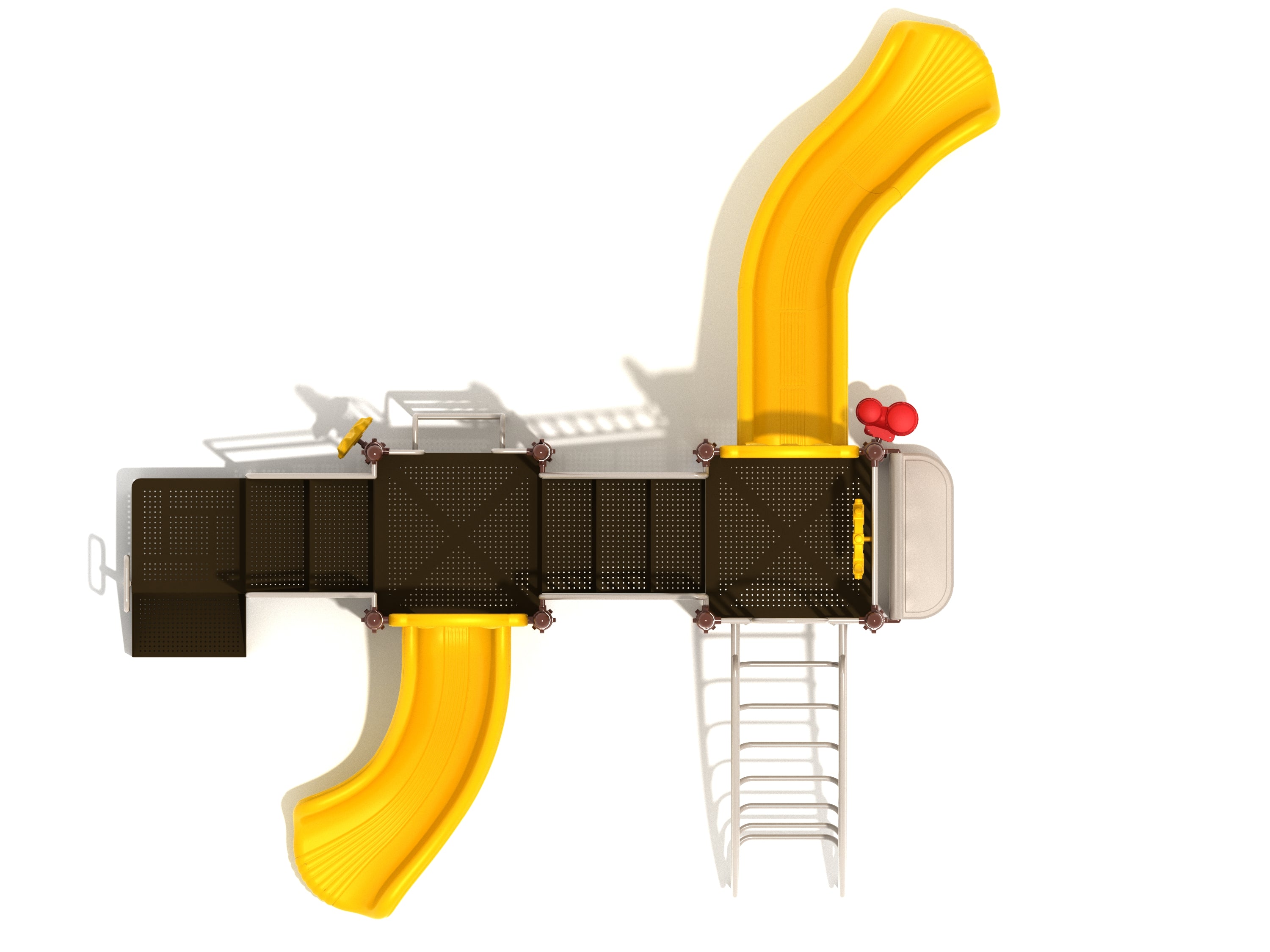 Overhead view of playground with two yellow right-turn slides, brown platforms, metal climbers, and ladders