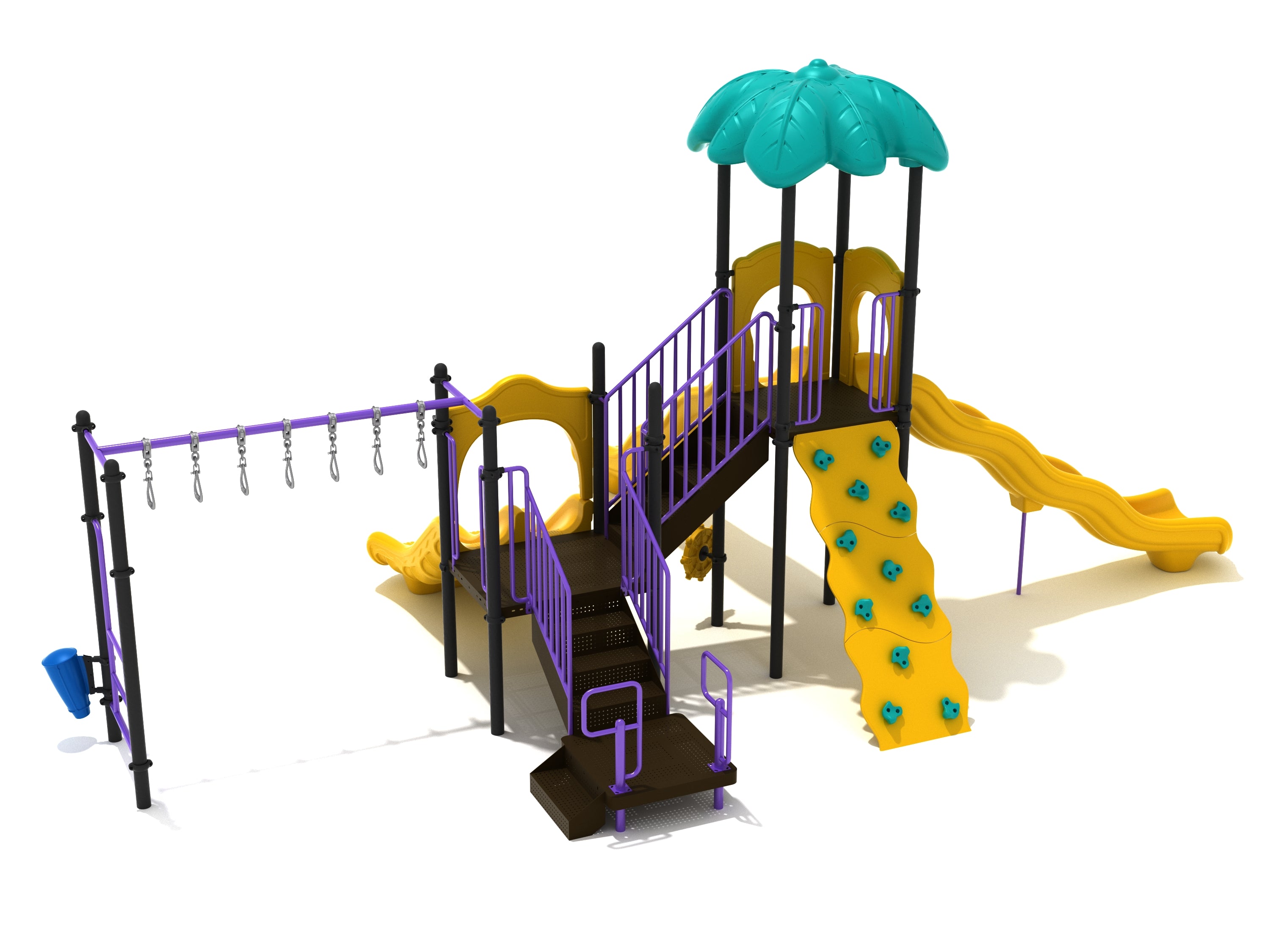 Colorful playground with yellow wavy slides, climbing wall, overhead ring ladder, and purple railings under green canopy