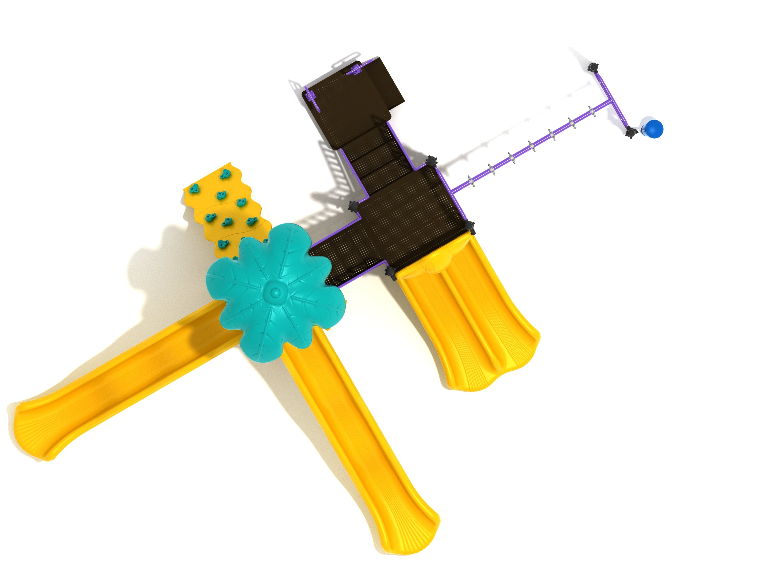 Overhead view of playground with three yellow slides, wavy climbing wall, and purple overhead swinging ring ladder