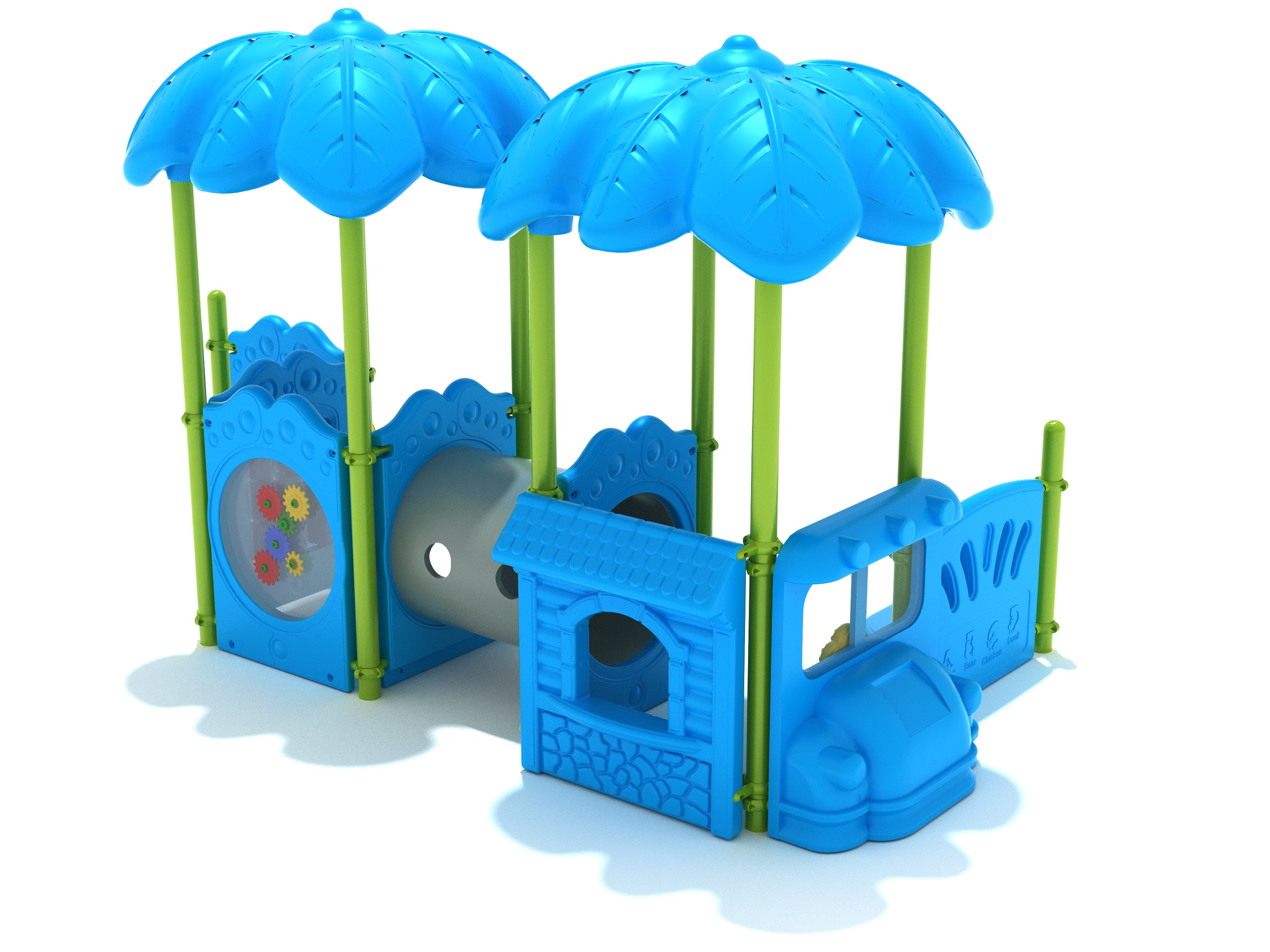 Bozeman Playground with blue leaf-shaped canopies, activity panels including gears, crawl tube, and playhouse facade