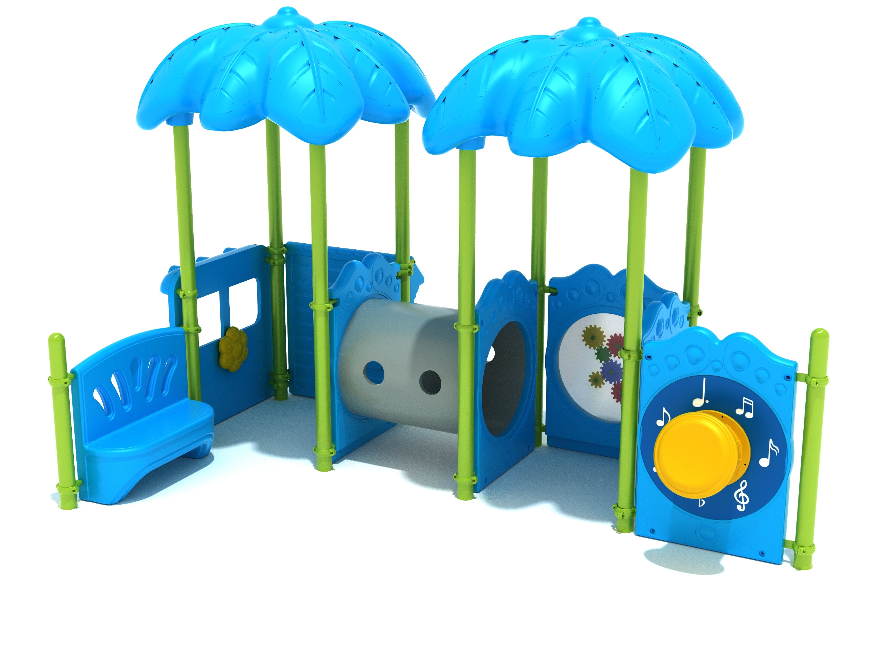Colorful children's playground with blue leaf canopies, interactive activity panels, spinning gears, tic-tac-toe game, and gray crawl tube