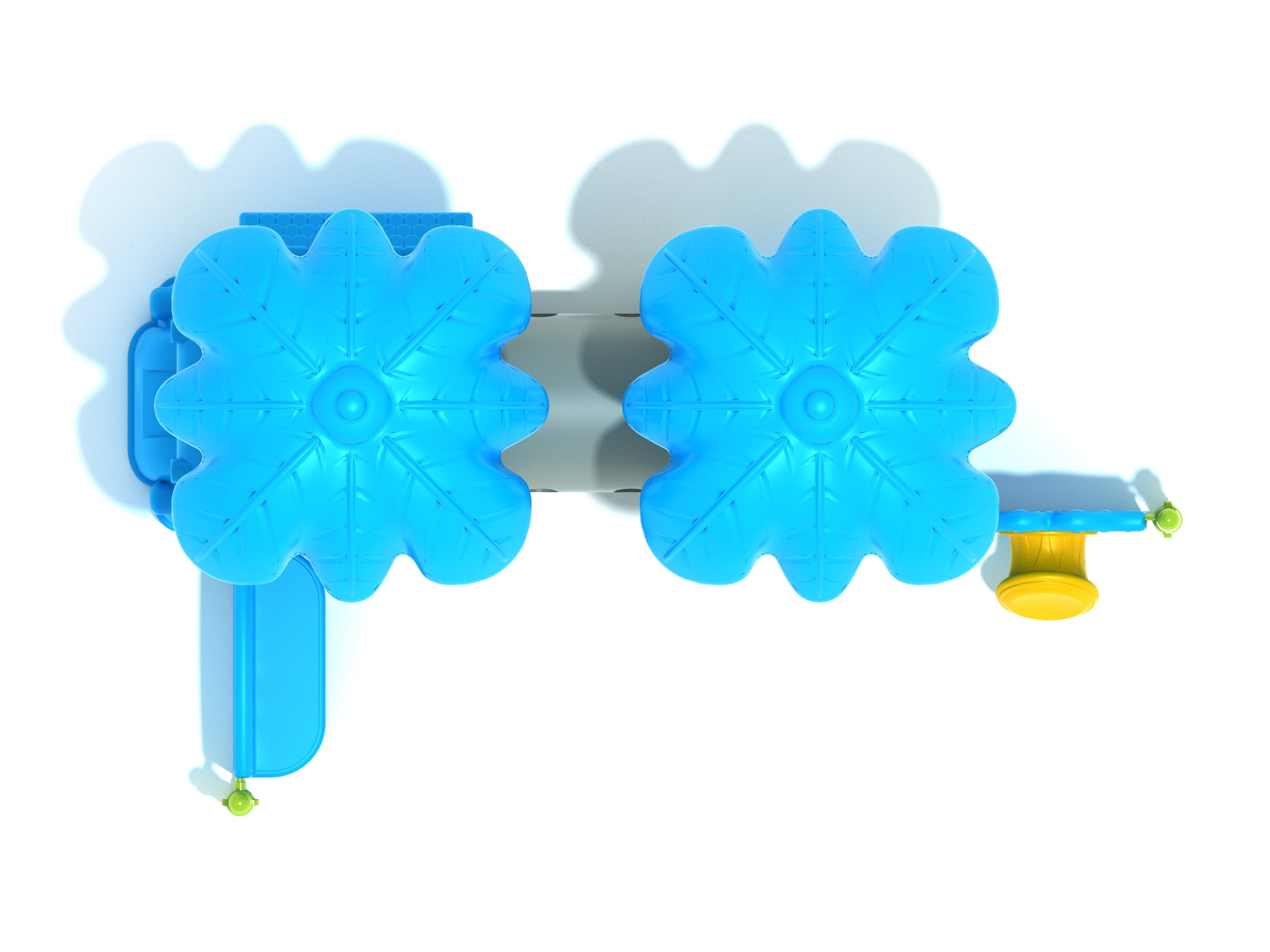 Overhead view of a large playground structure with two blue flower-shaped roofs, crawl tube, slide, and interactive activity panels including tic-tac-toe and gear elements