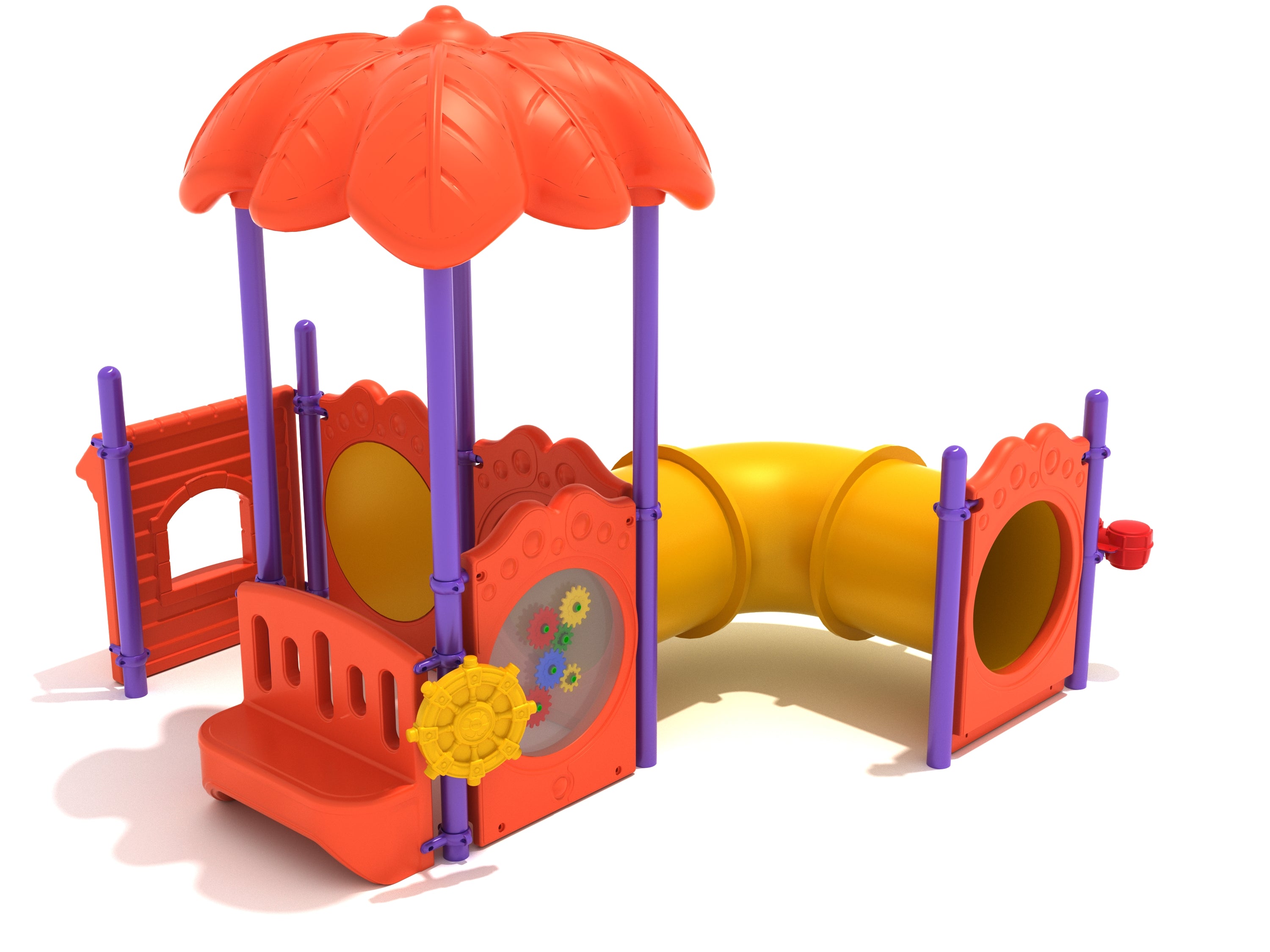 Compact colorful playground with orange leaf-shaped roof, yellow curved crawl tube, and interactive gear and drum panels
