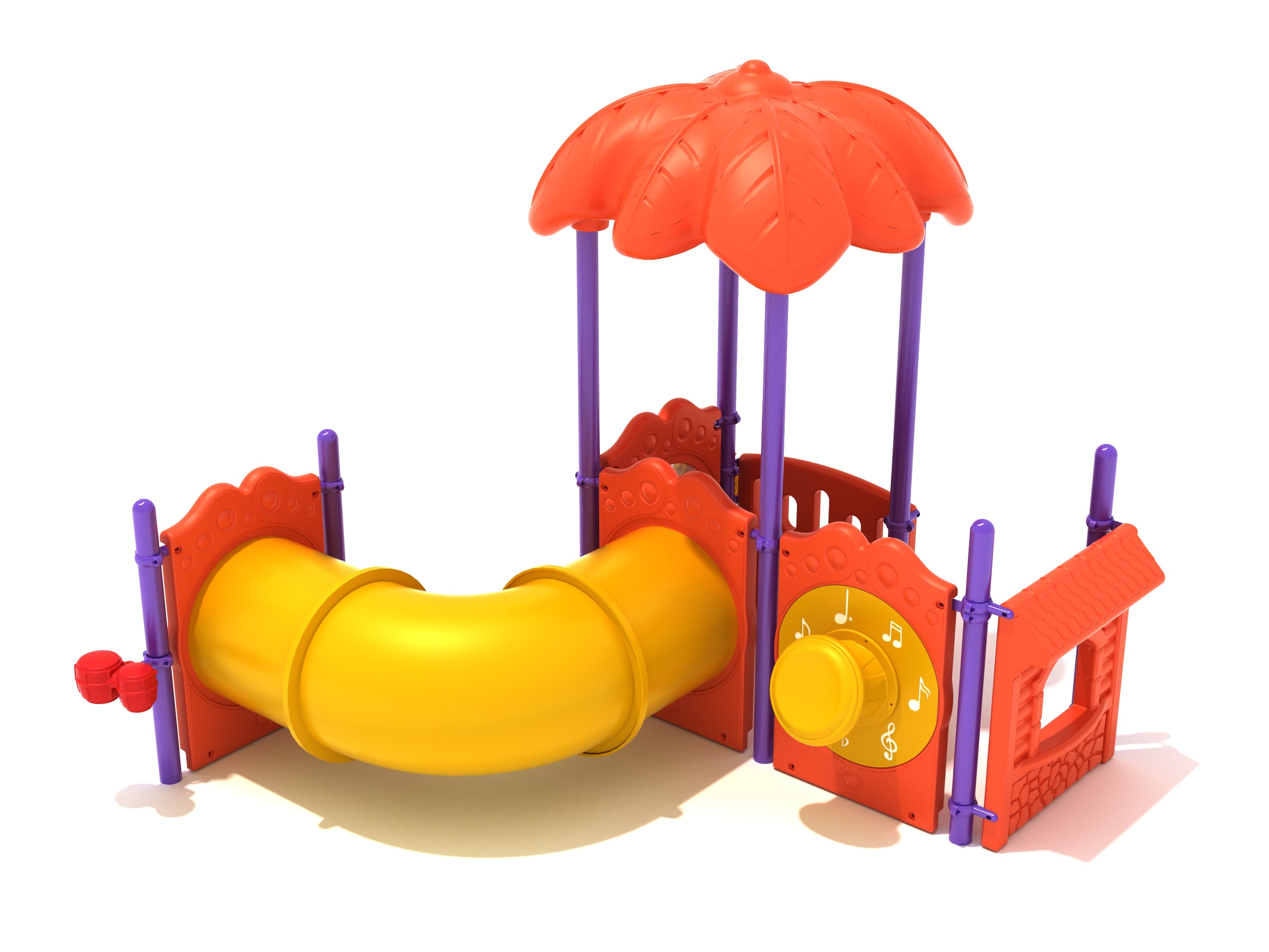 Compact colorful playground with large orange leaf-shaped roof, yellow curved crawl tube, and interactive musical panels.