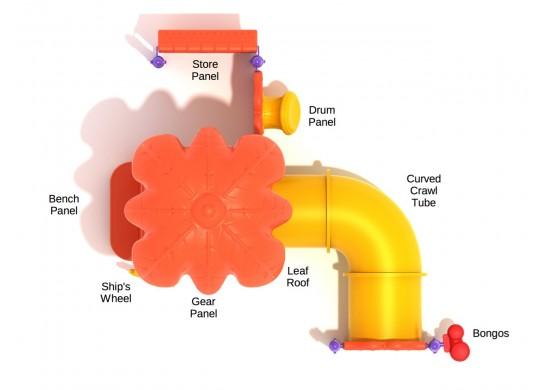 Overhead view of colorful playground with large leaf-shaped roof, curved crawl tube, drum and bongo panels, and interactive play panels.